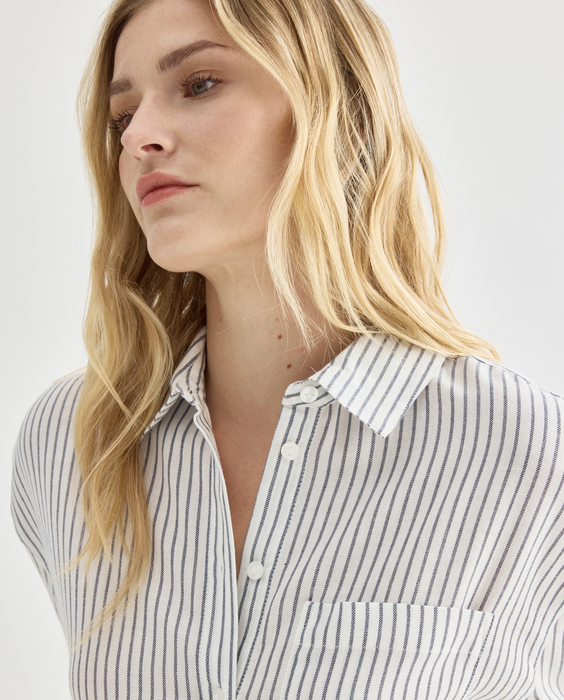 Camisa de mujer de algodón de rayas Azul-1