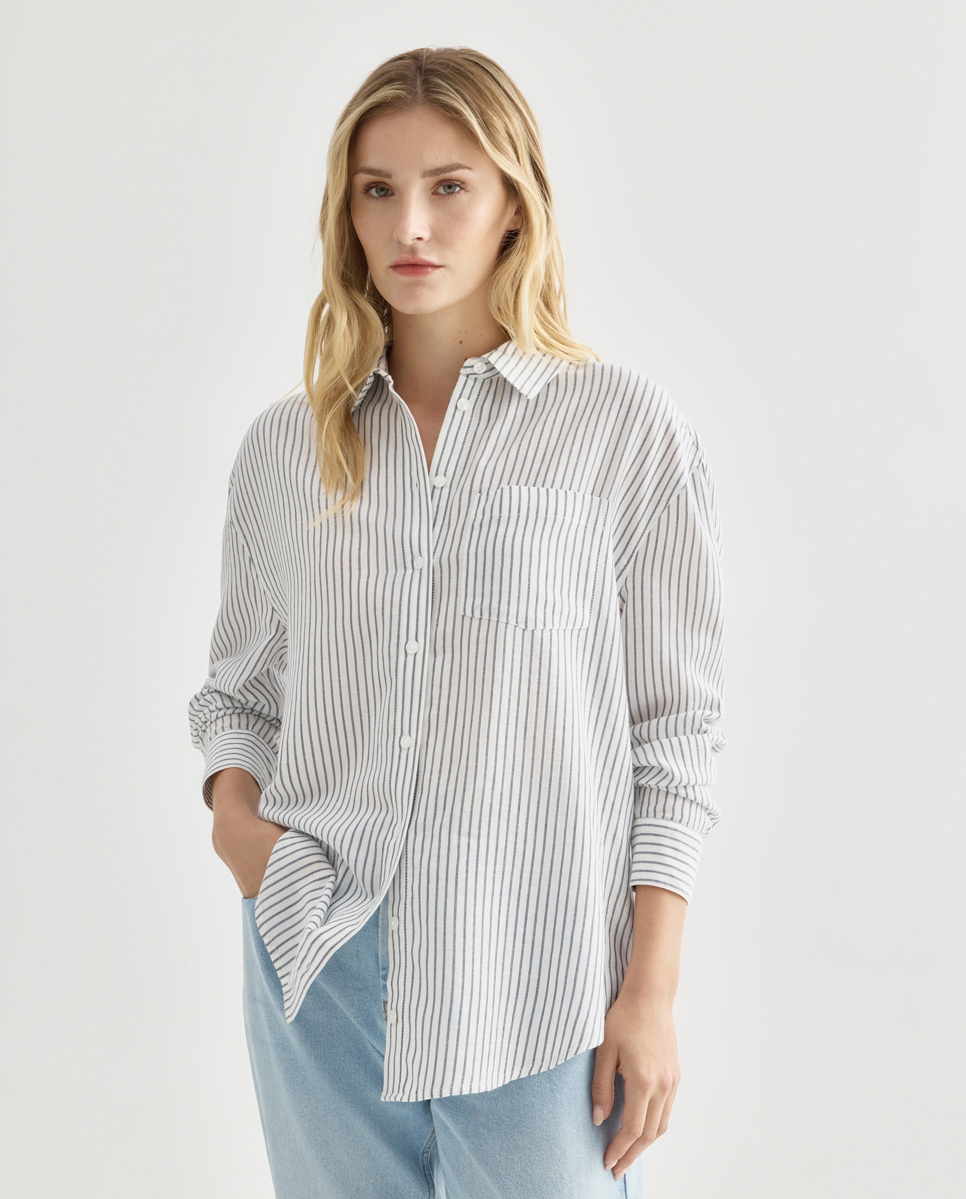 Camisa de mujer de algodón de rayas Azul-2