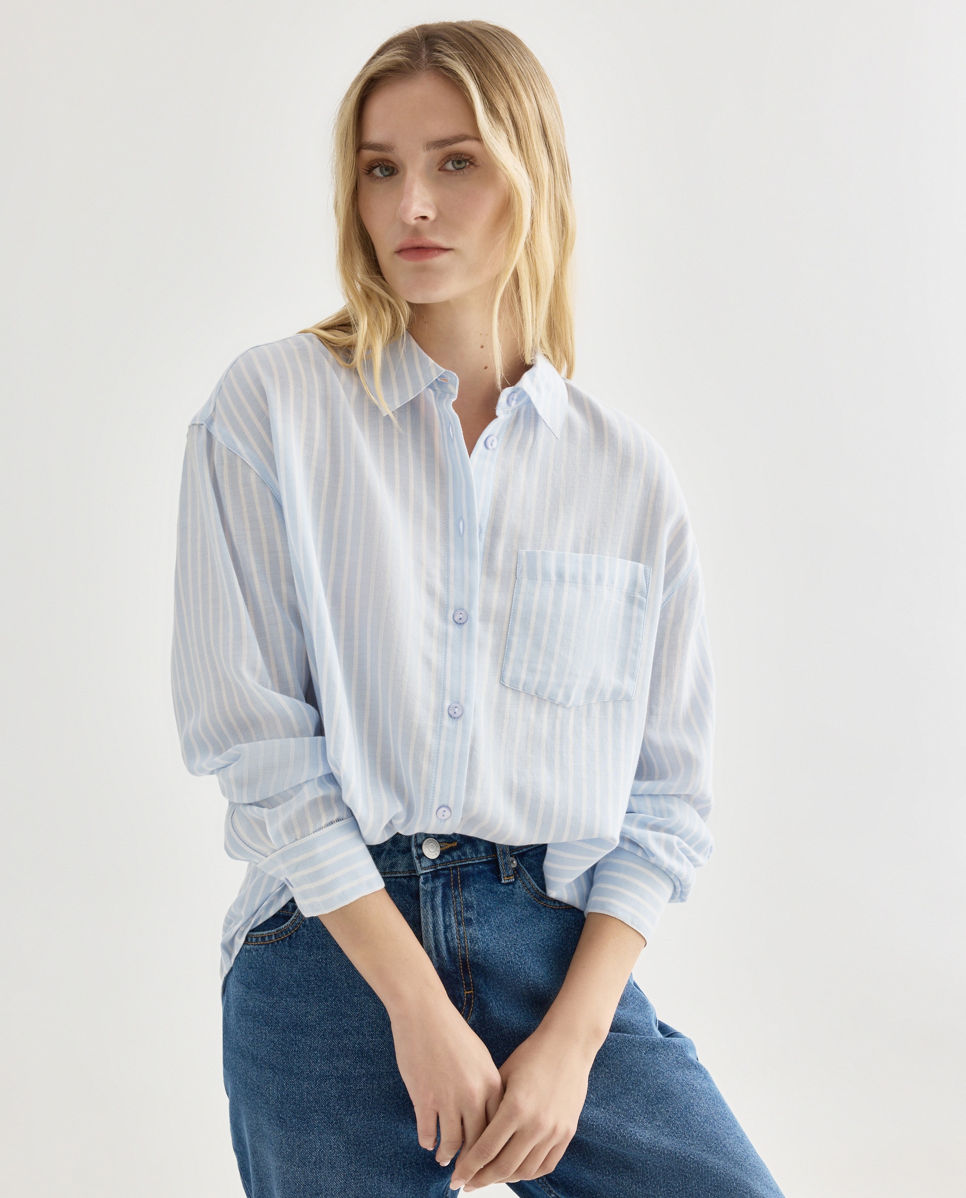 Camisa de mujer de algodón de rayas Azul marino-1