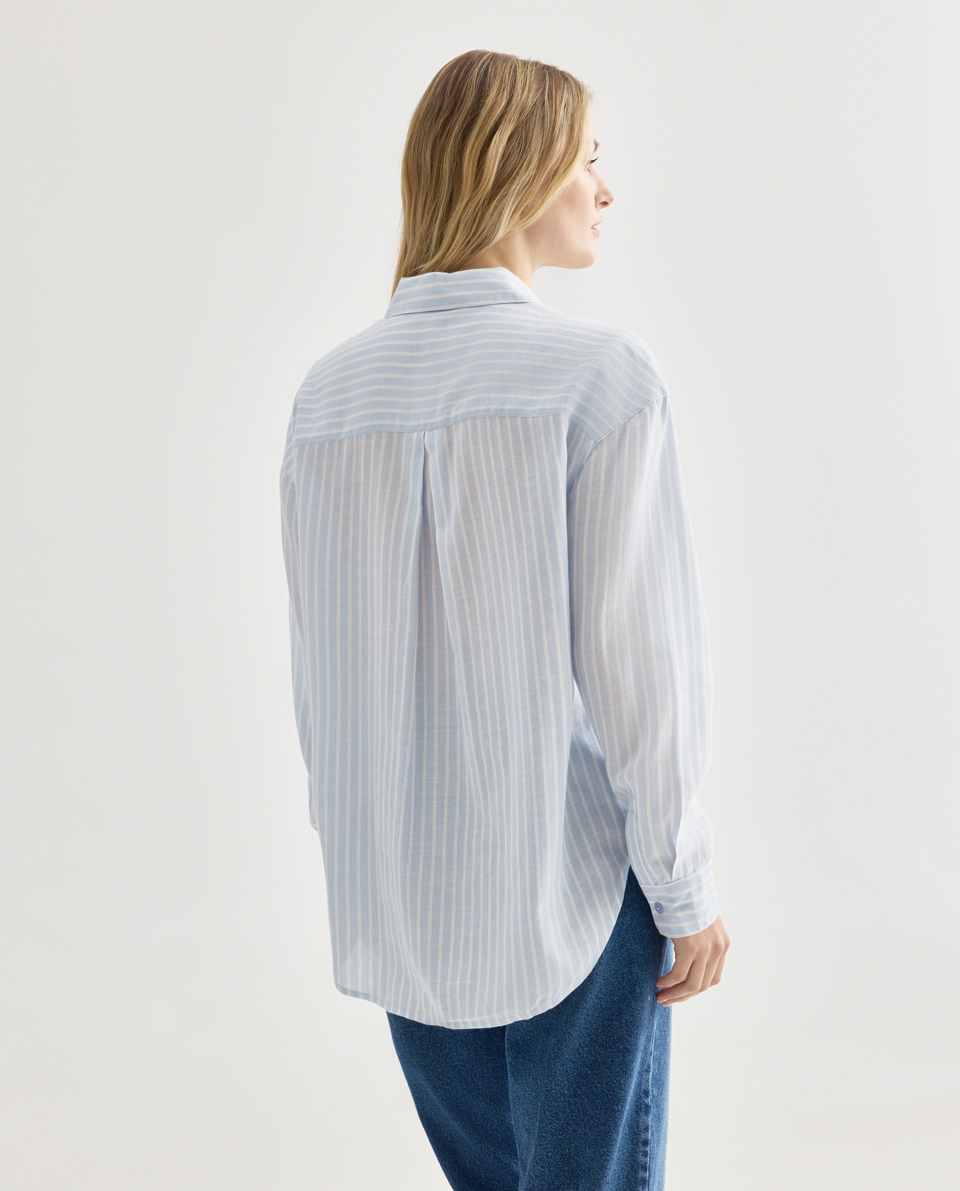 Camisa de mujer de algodón de rayas Azul marino-3