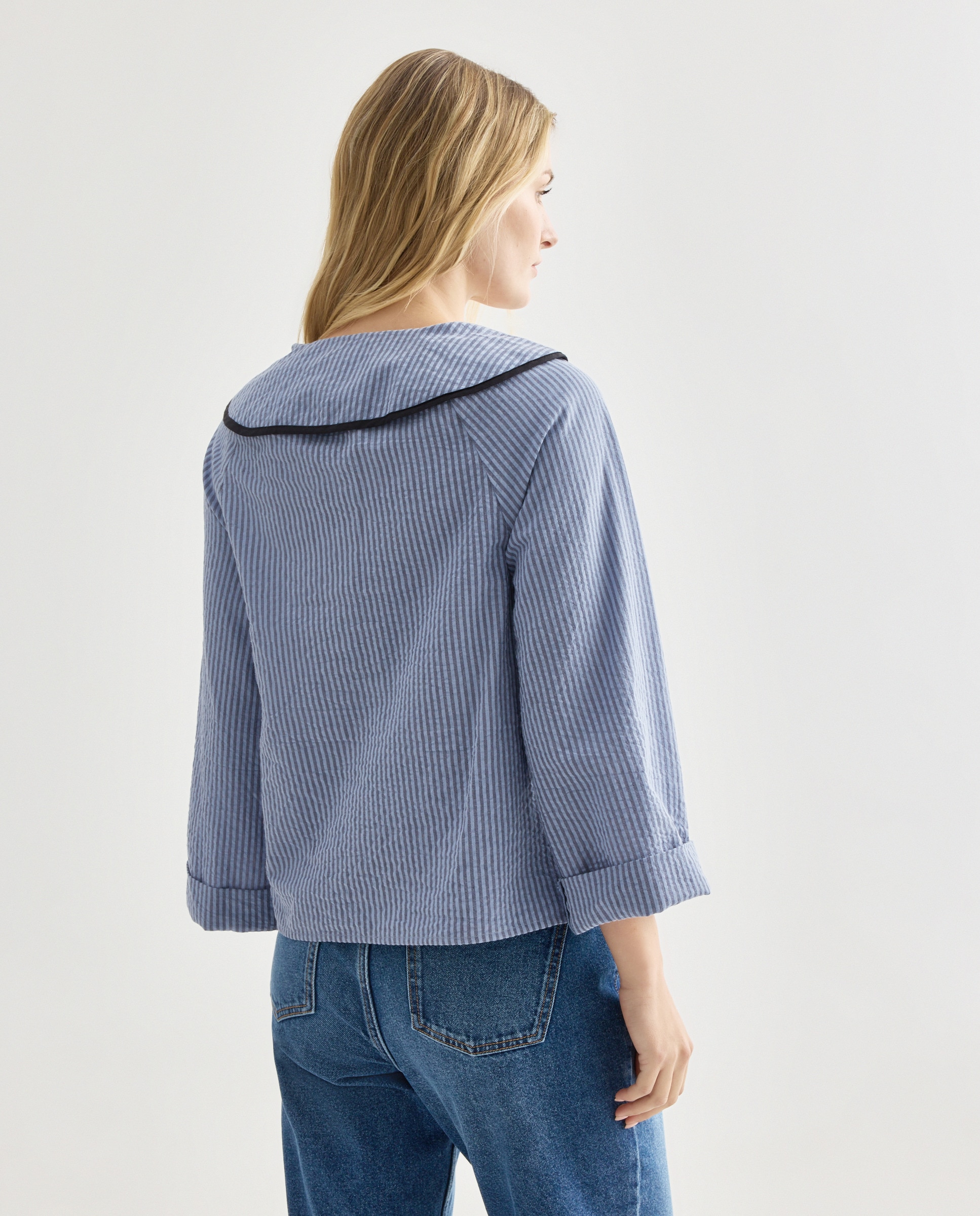 Blusa de mujer de rayas de algodón Azul-3