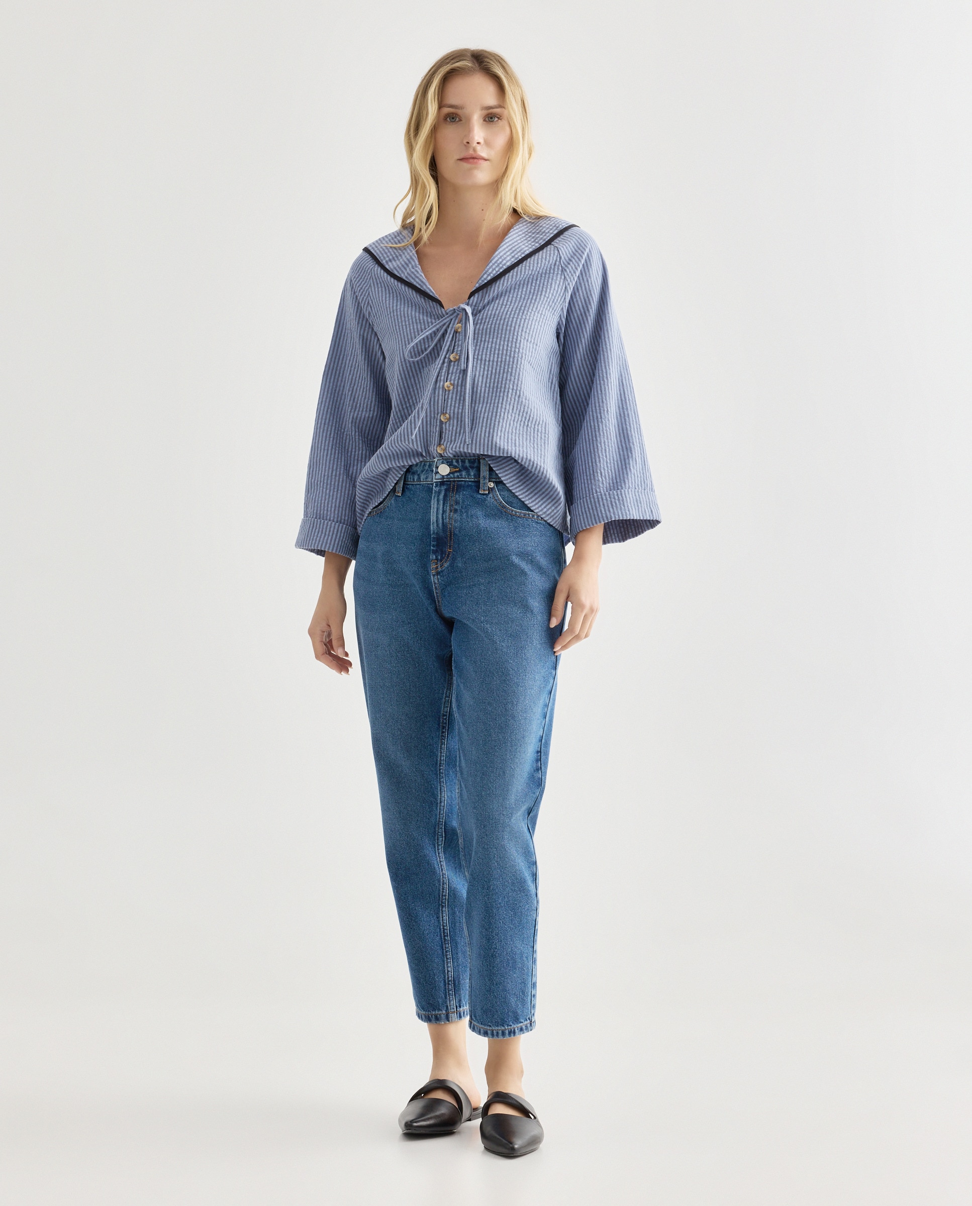 Blusa de mujer de rayas de algodón Azul-2