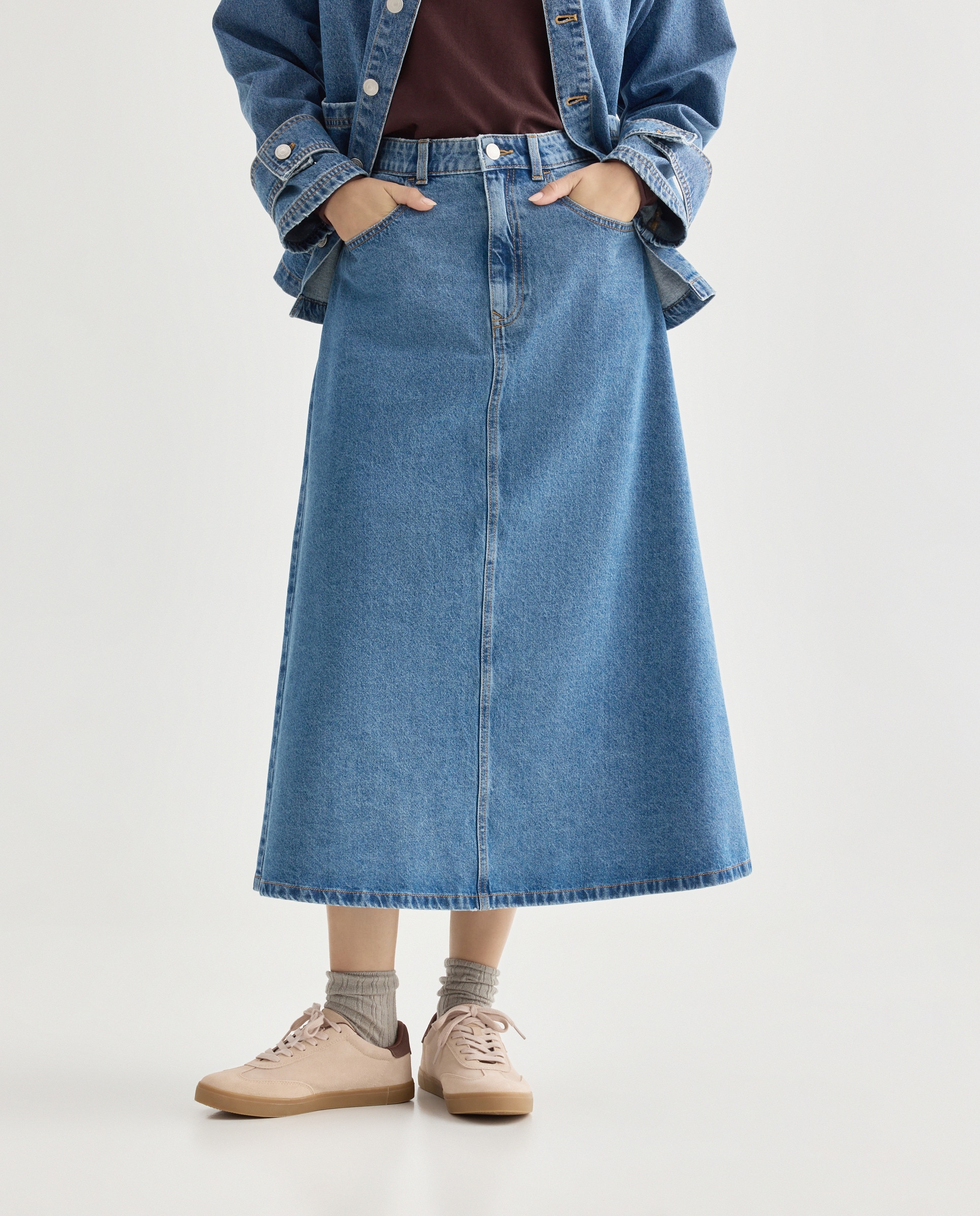 Falda de mujer vaquera evasé total look Azul pálido-2