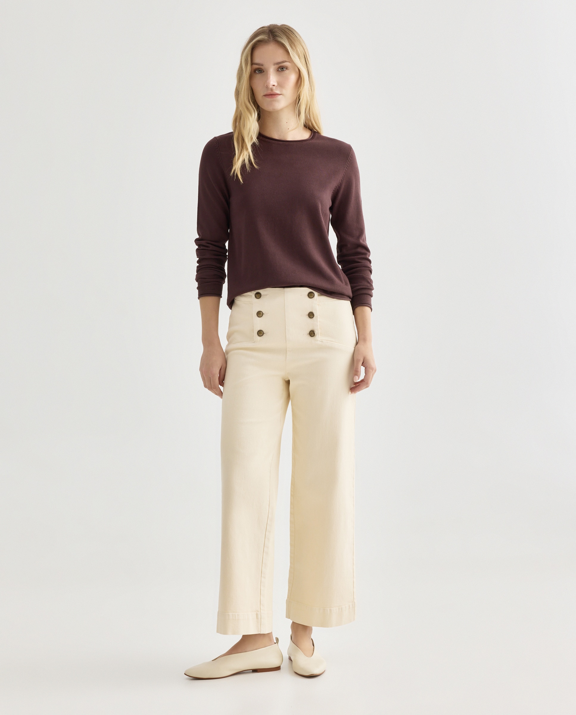 Pantalón culotte de sarga con botones de mujer 120 Crudo-1