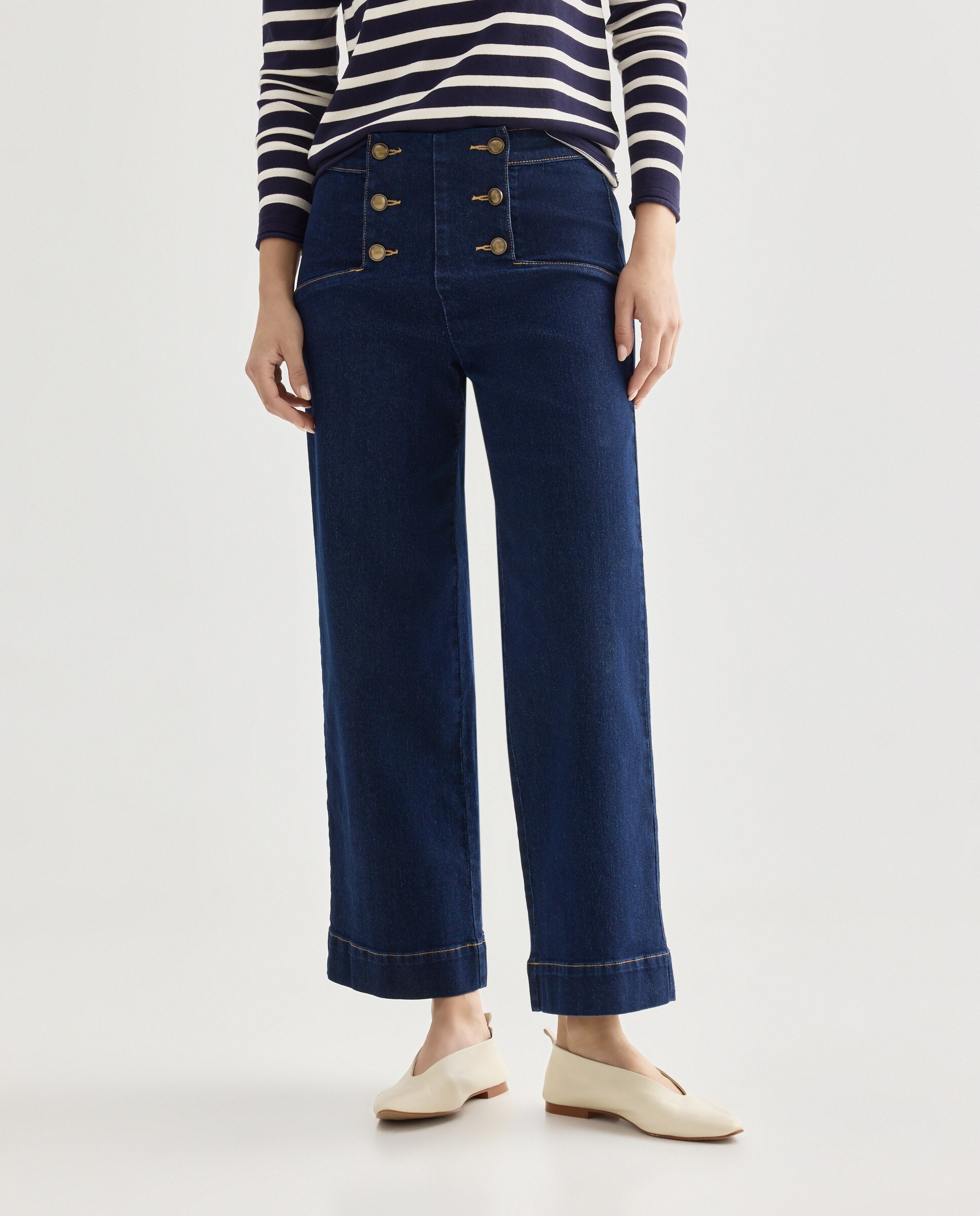 Pantalón culotte denim con botones de mujer Azul Suave-2