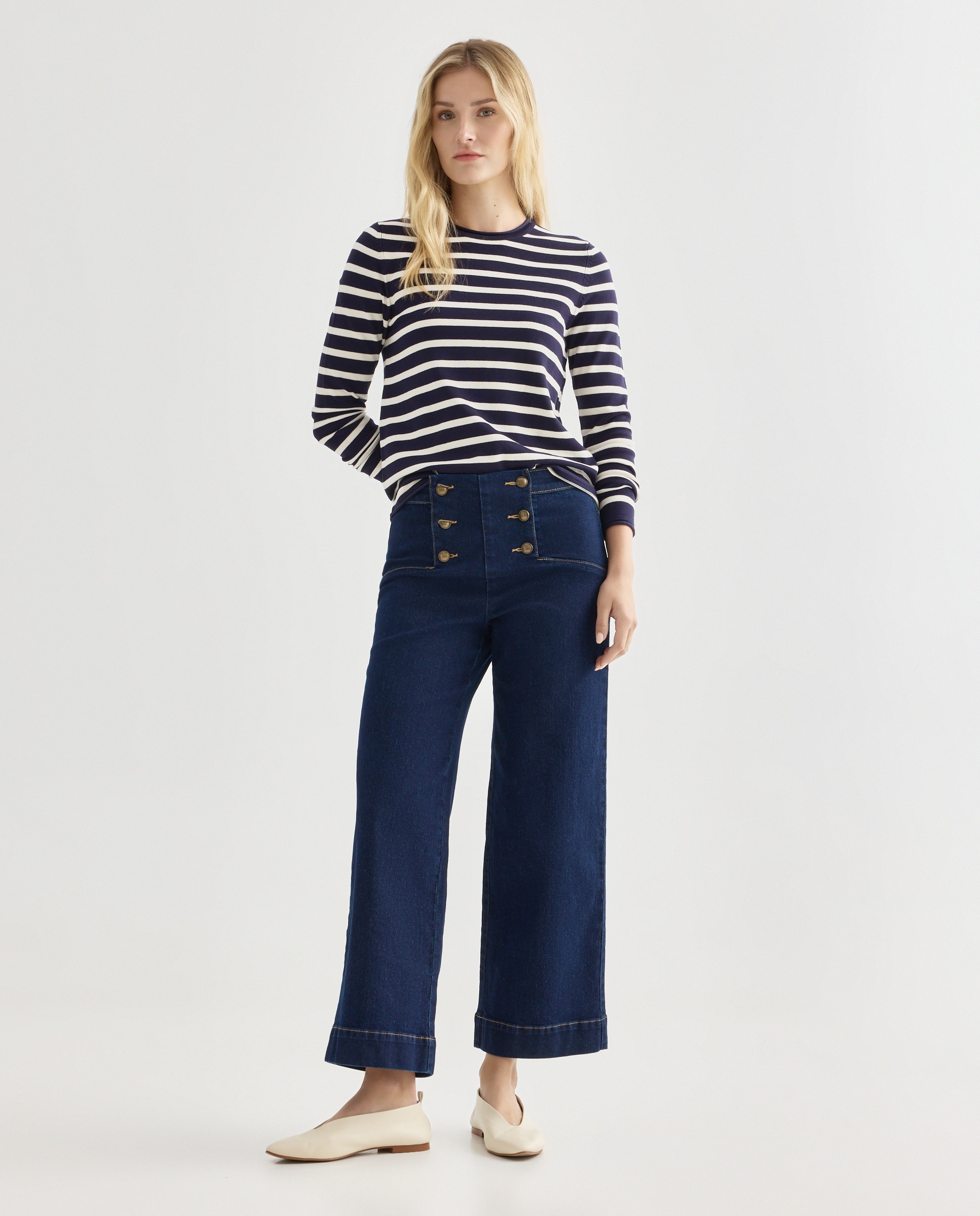 Pantalón culotte denim con botones de mujer Azul Suave-1
