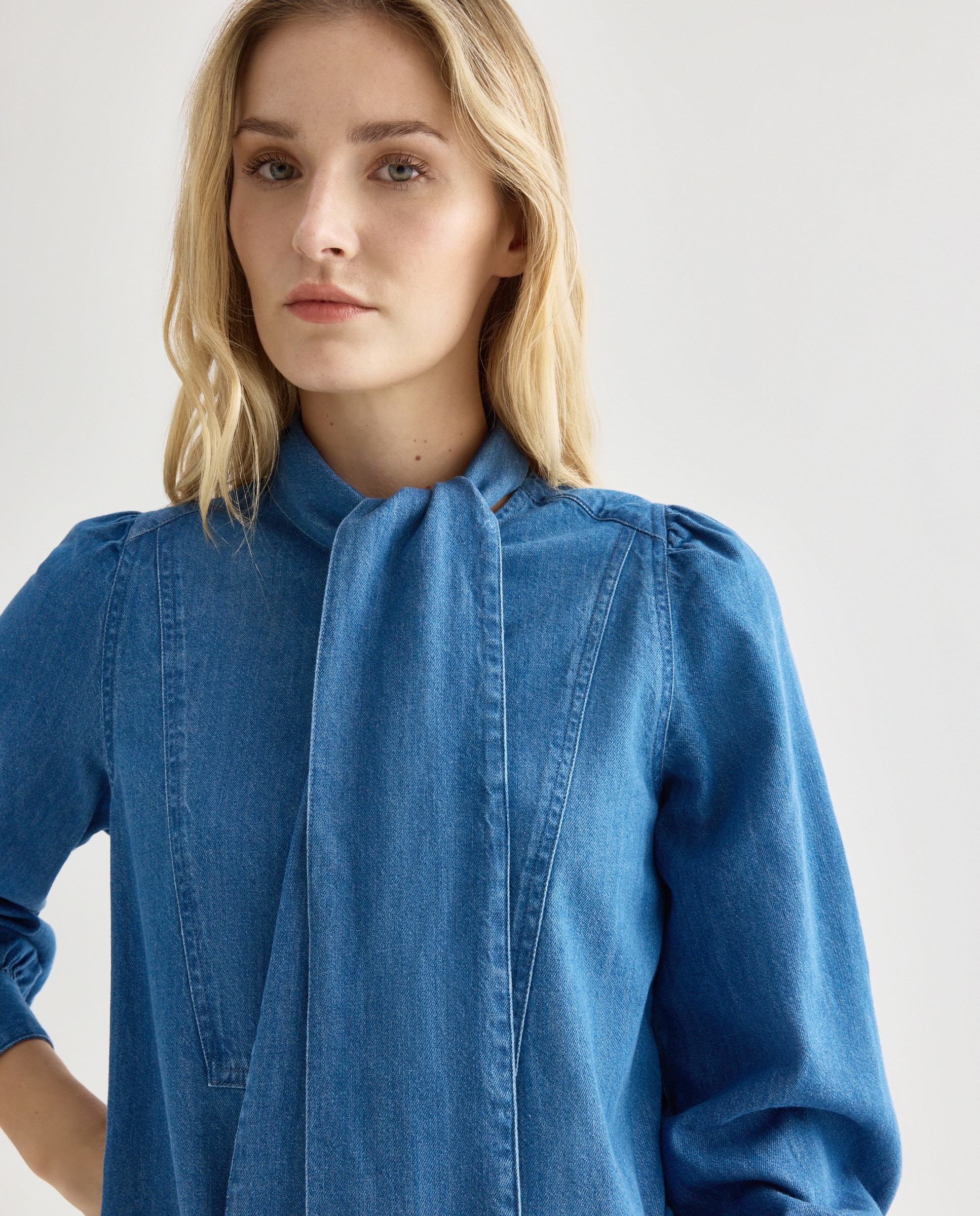 Vestido light denim de mujer con lazada Azul pálido-2
