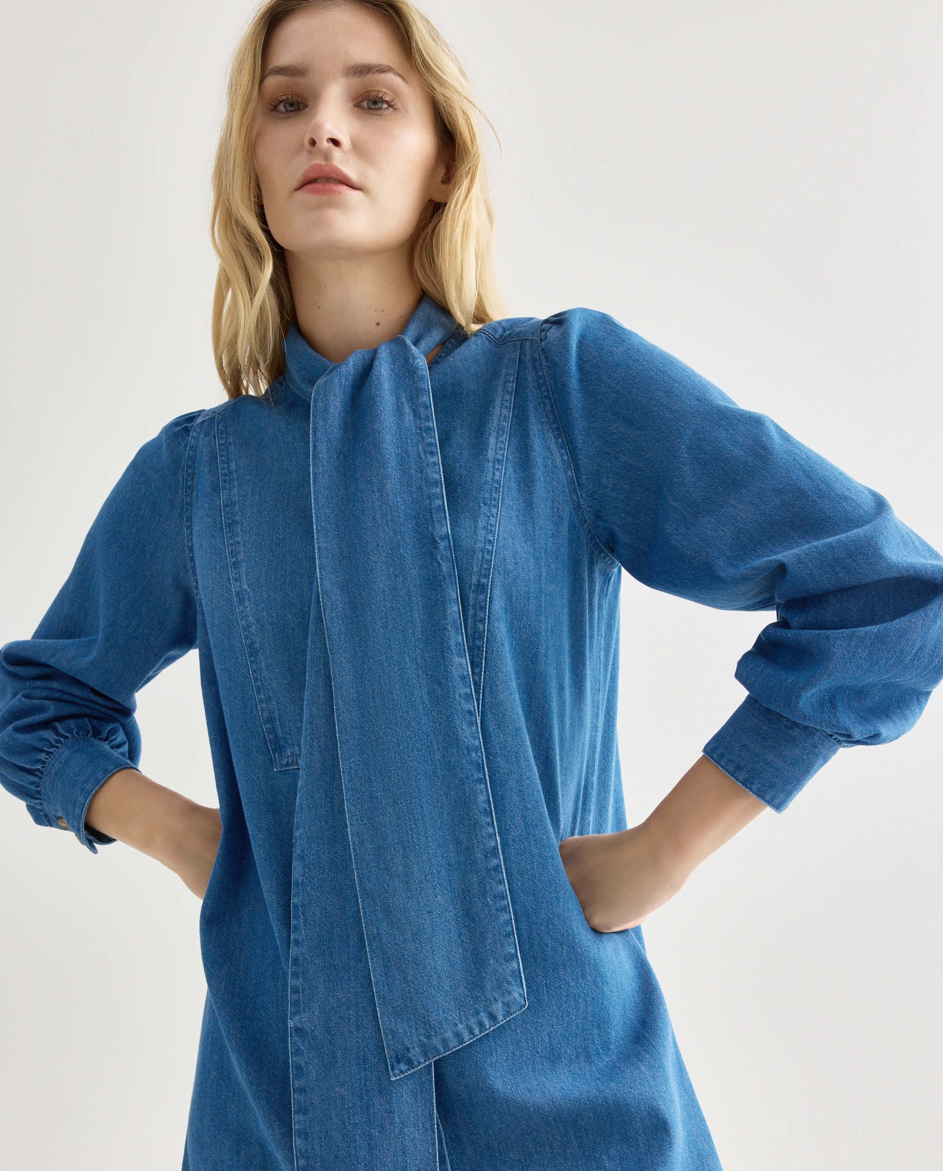 Vestido light denim de mujer con lazada Azul pálido-4
