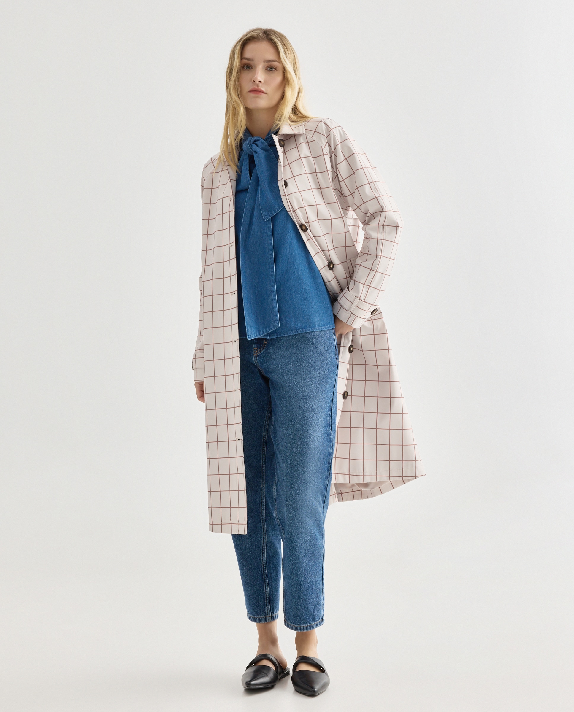 Gabardina larga de mujer de cuadros Multicolor-1