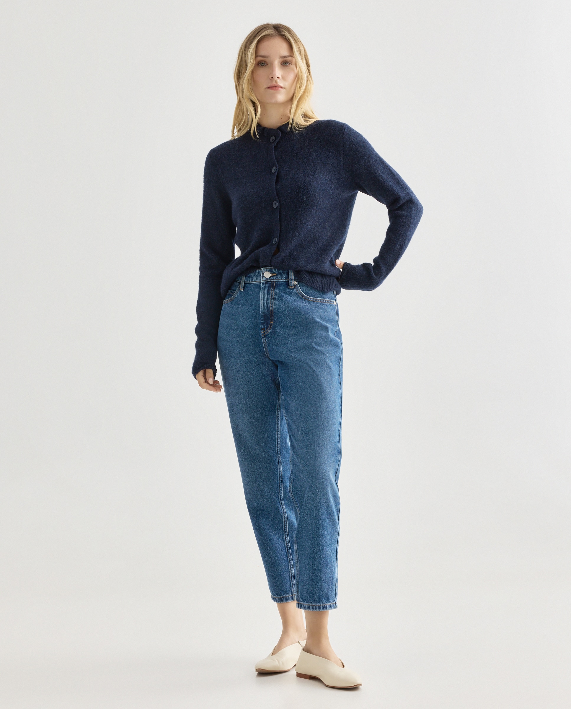 Cardigan de mujer con volante en el cuello Azul marino-2