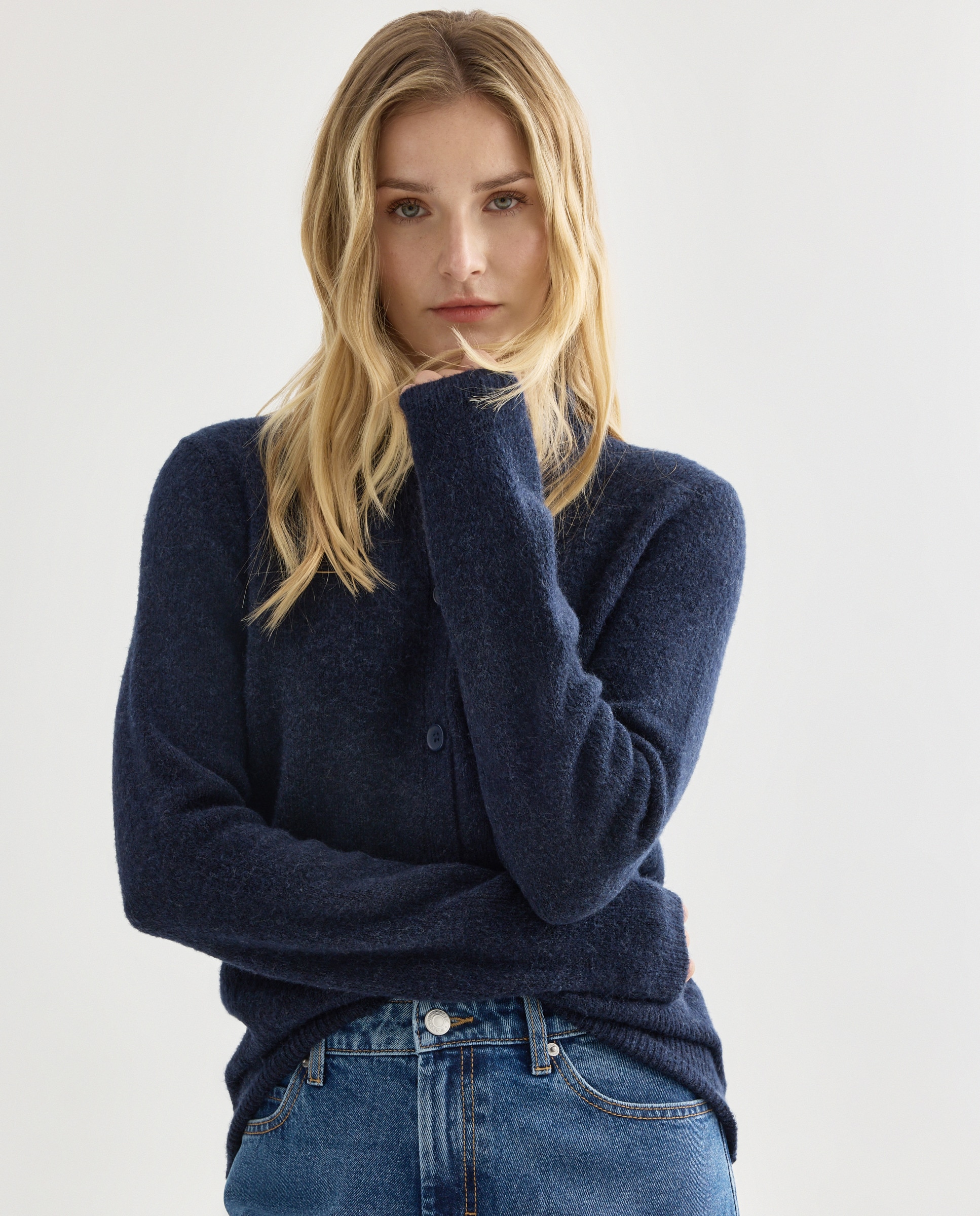 Cardigan de mujer con volante en el cuello Azul marino-1