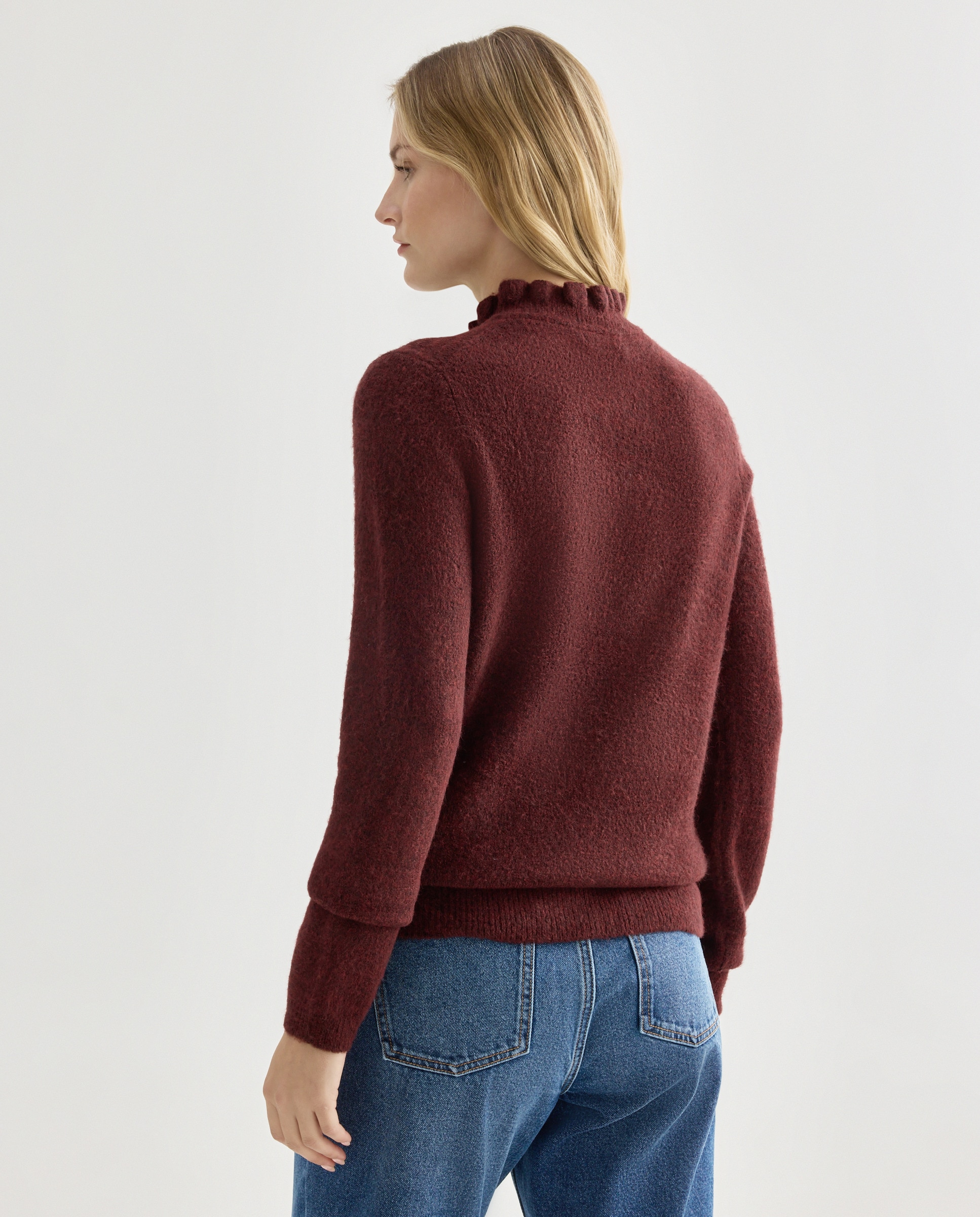 Cardigan de mujer con volante en el cuello Burdeos-3