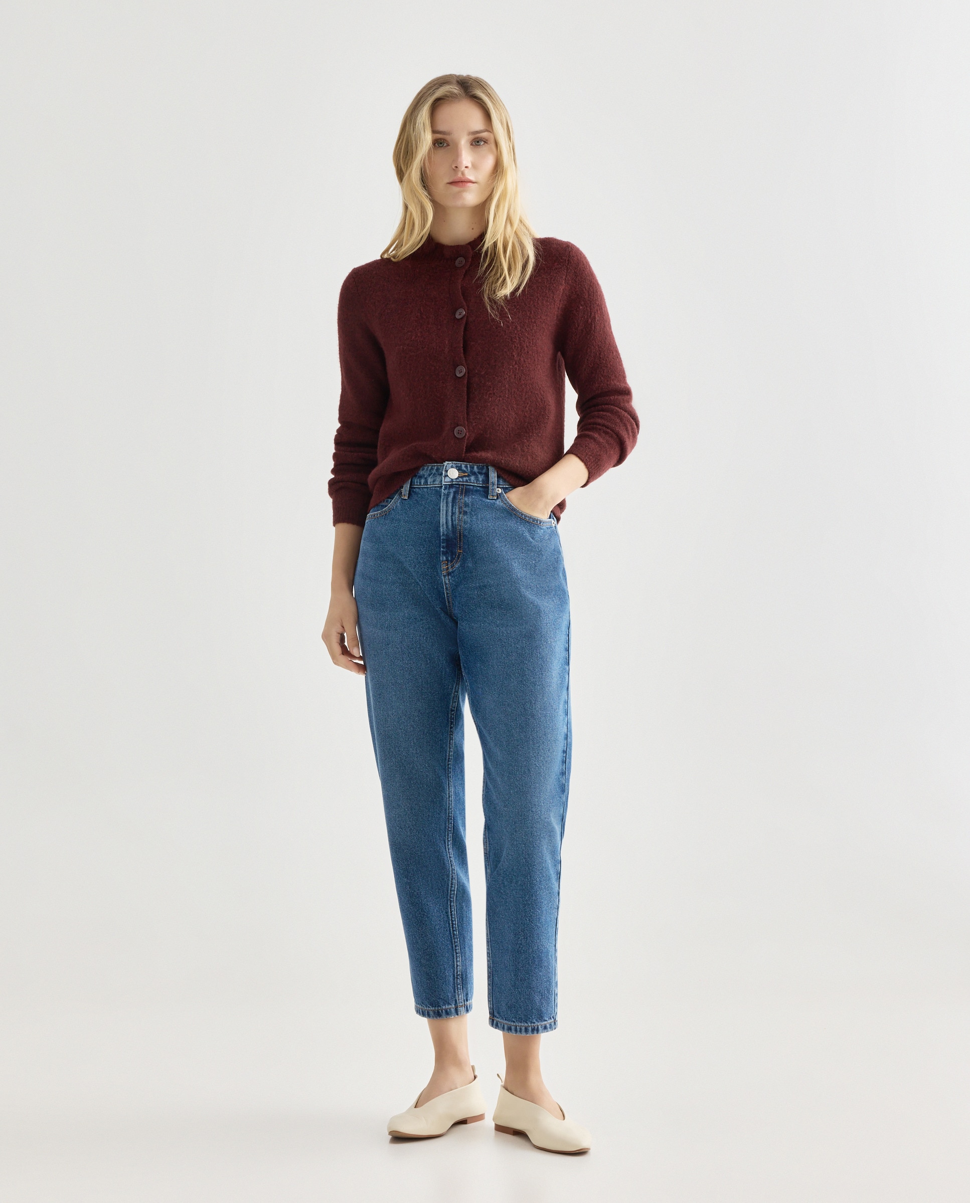 Cardigan de mujer con volante en el cuello Burdeos-2