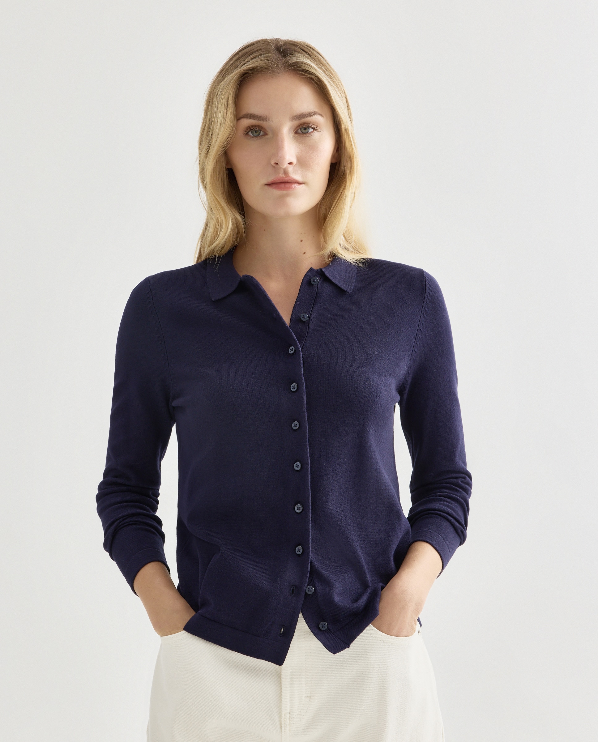Cárdigan de mujer básico cuello polo 430 Azul oscuro-1