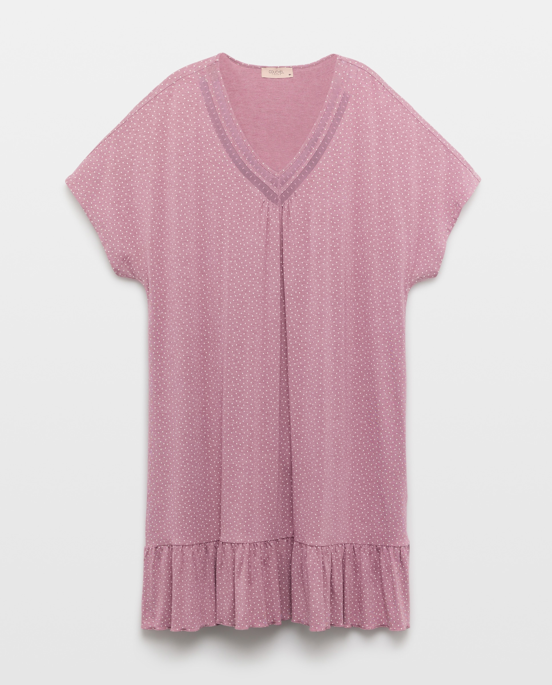 Camisa de Dormir às Bolinhas com Decote em Bico Rosa-1