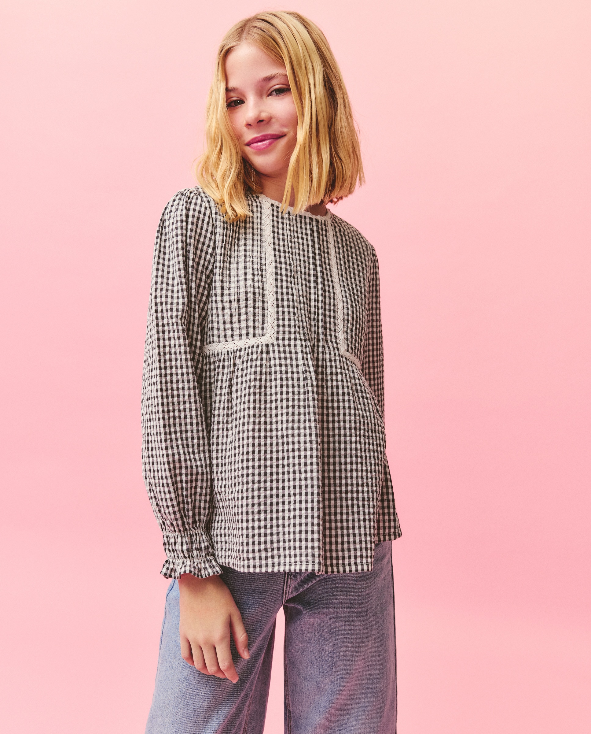 Blusa de Manga Comprida Romântica com Pregas Laterais Preto-1