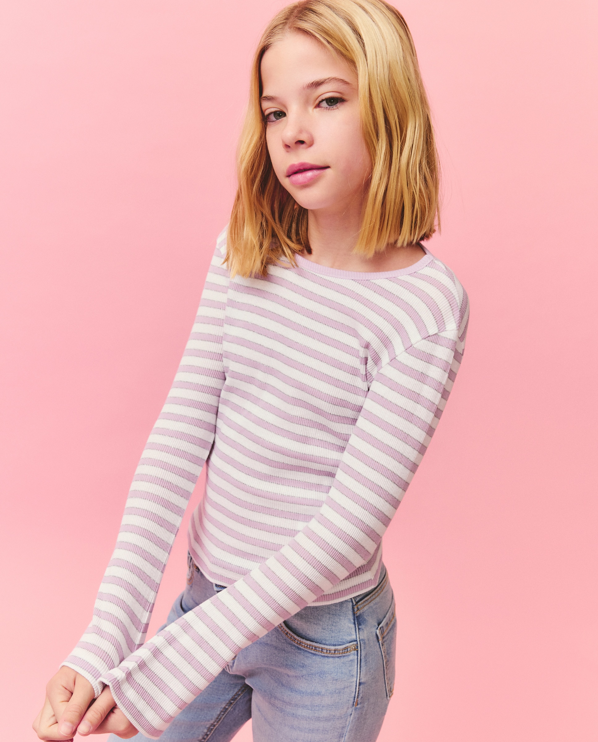 Camisola de Manga Comprida Canelada às Riscas com Fio Metalizado Rosa-1