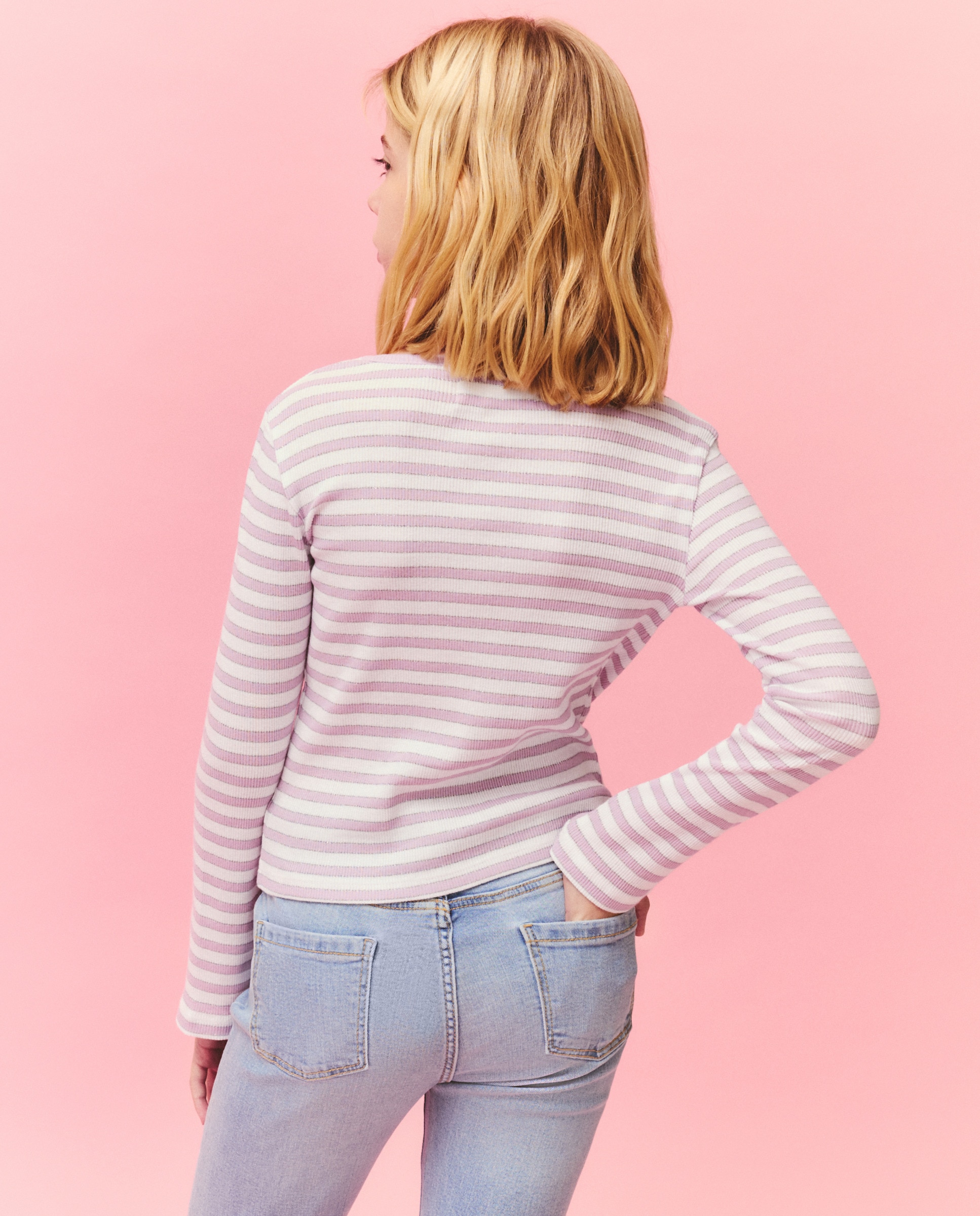 Camisola de Manga Comprida Canelada às Riscas com Fio Metalizado Rosa-3