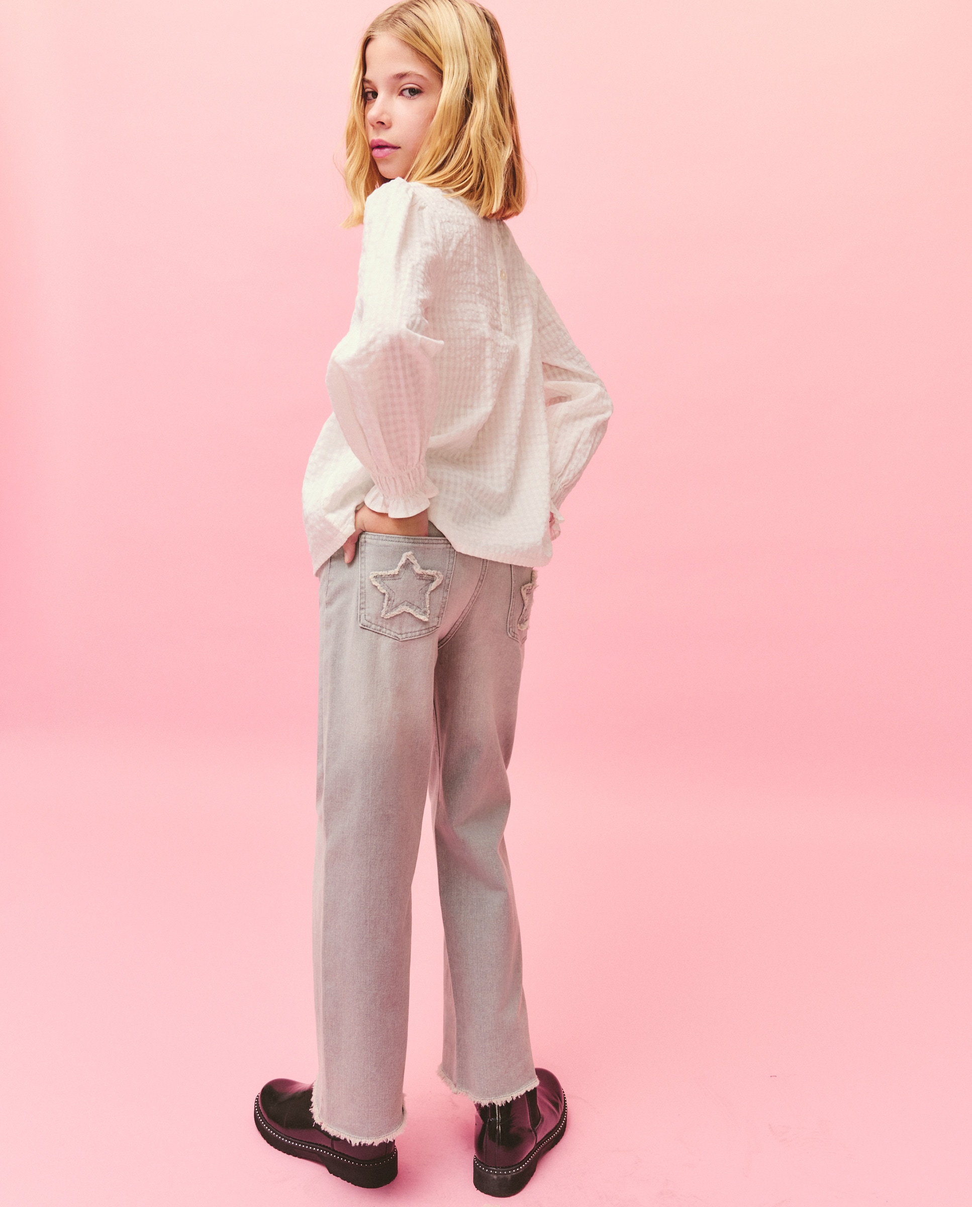 Jeans Wide Leg com Remendo de Estrela no Bolso Traseiro Kids El Corte Inglés Cinzento-claro-4