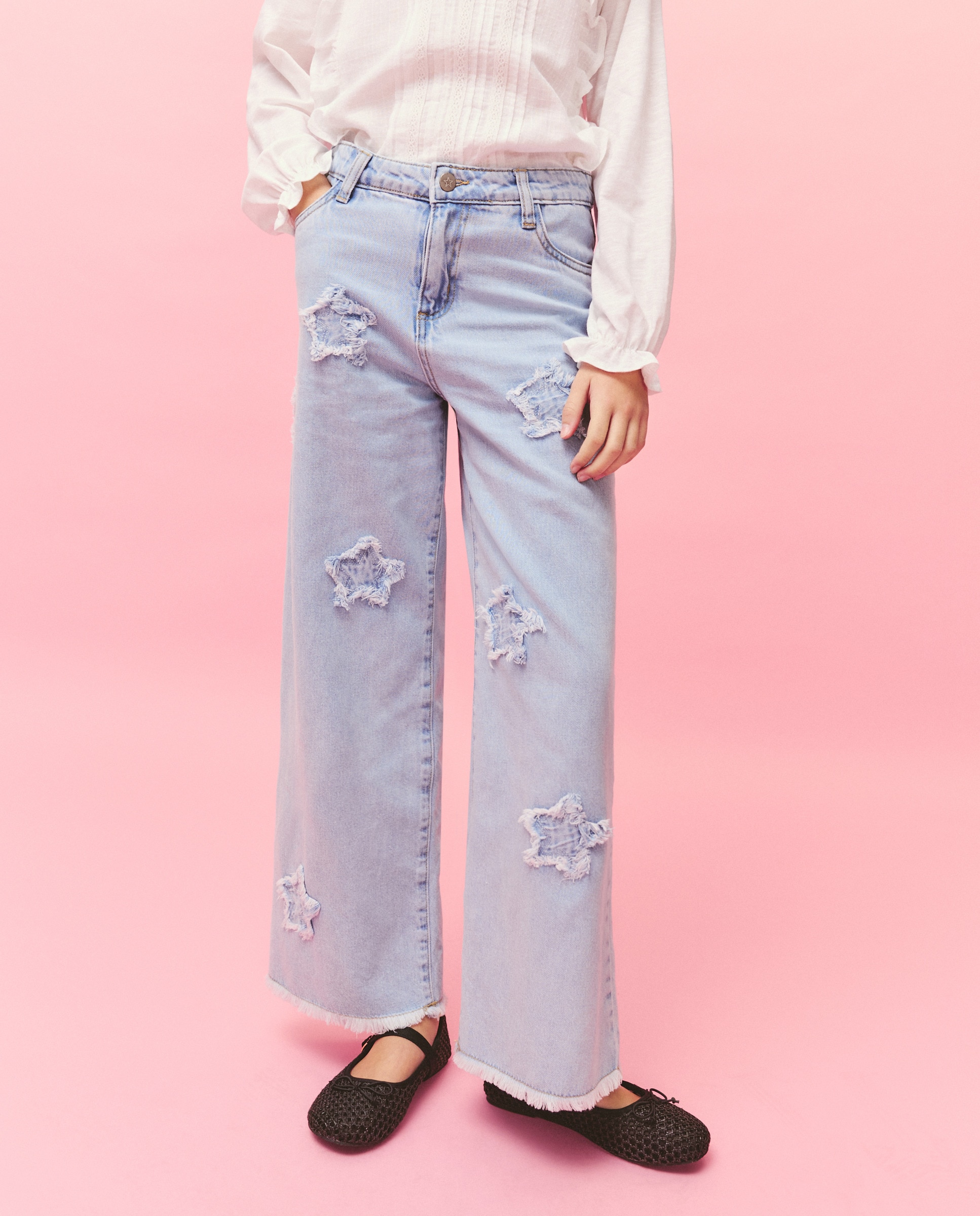 Jeans Wide Leg com Estampado e Remendos de Estrelas Cinzento-claro-2