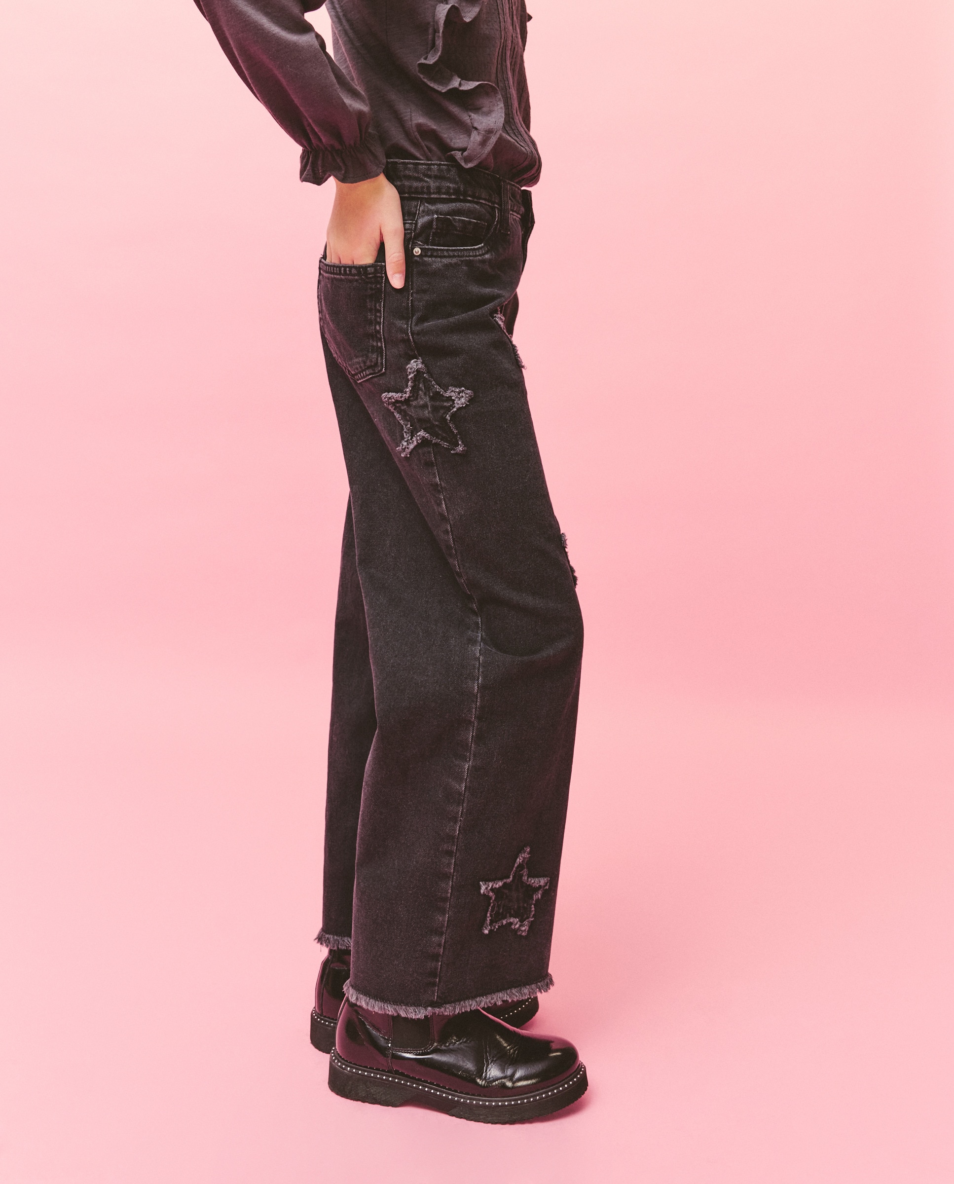 Jeans Wide Leg com Estampado e Remendos de Estrelas Kids El Corte Inglés Preto Intenso-3