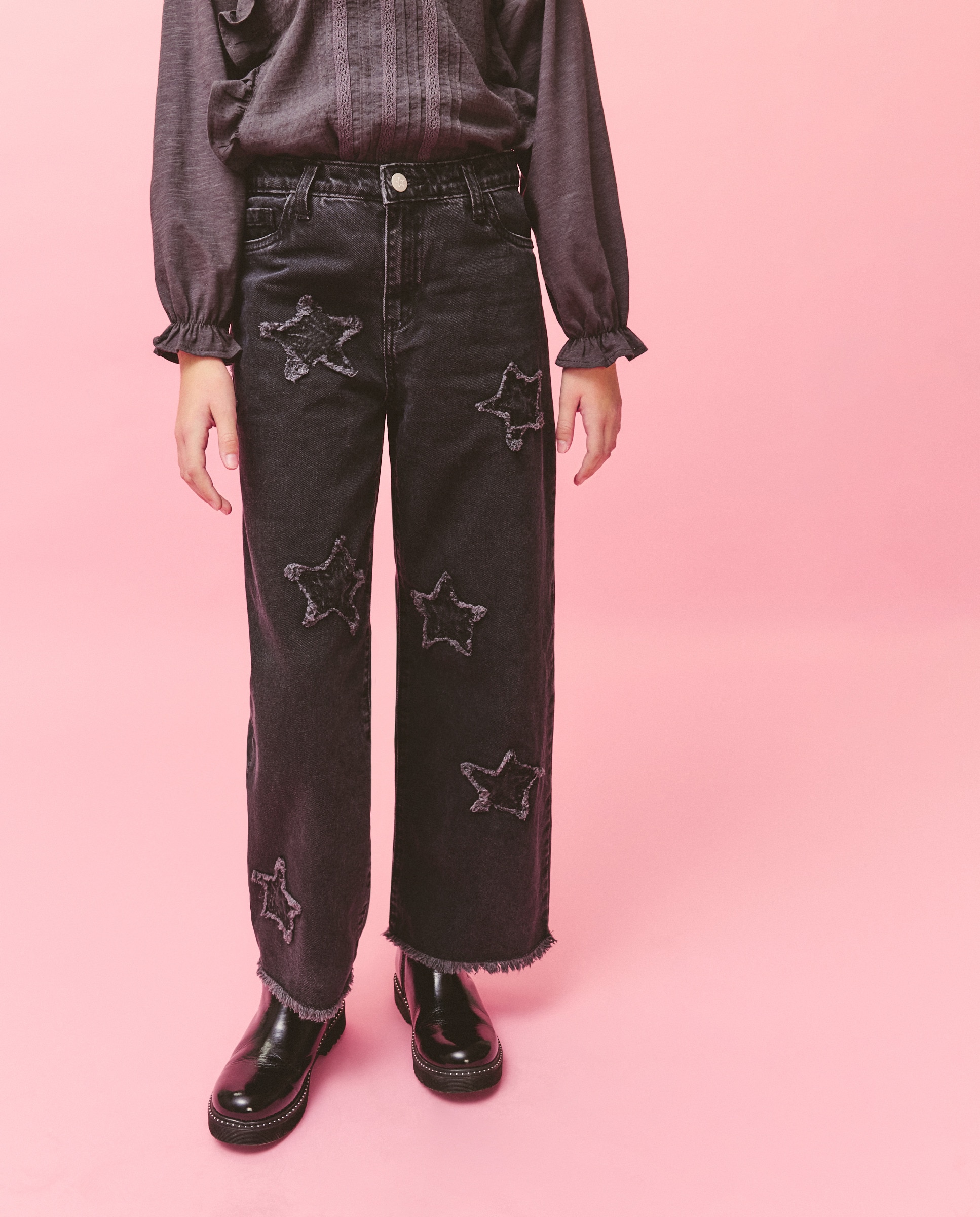 Jeans Wide Leg com Estampado e Remendos de Estrelas Kids El Corte Inglés Preto Intenso-2