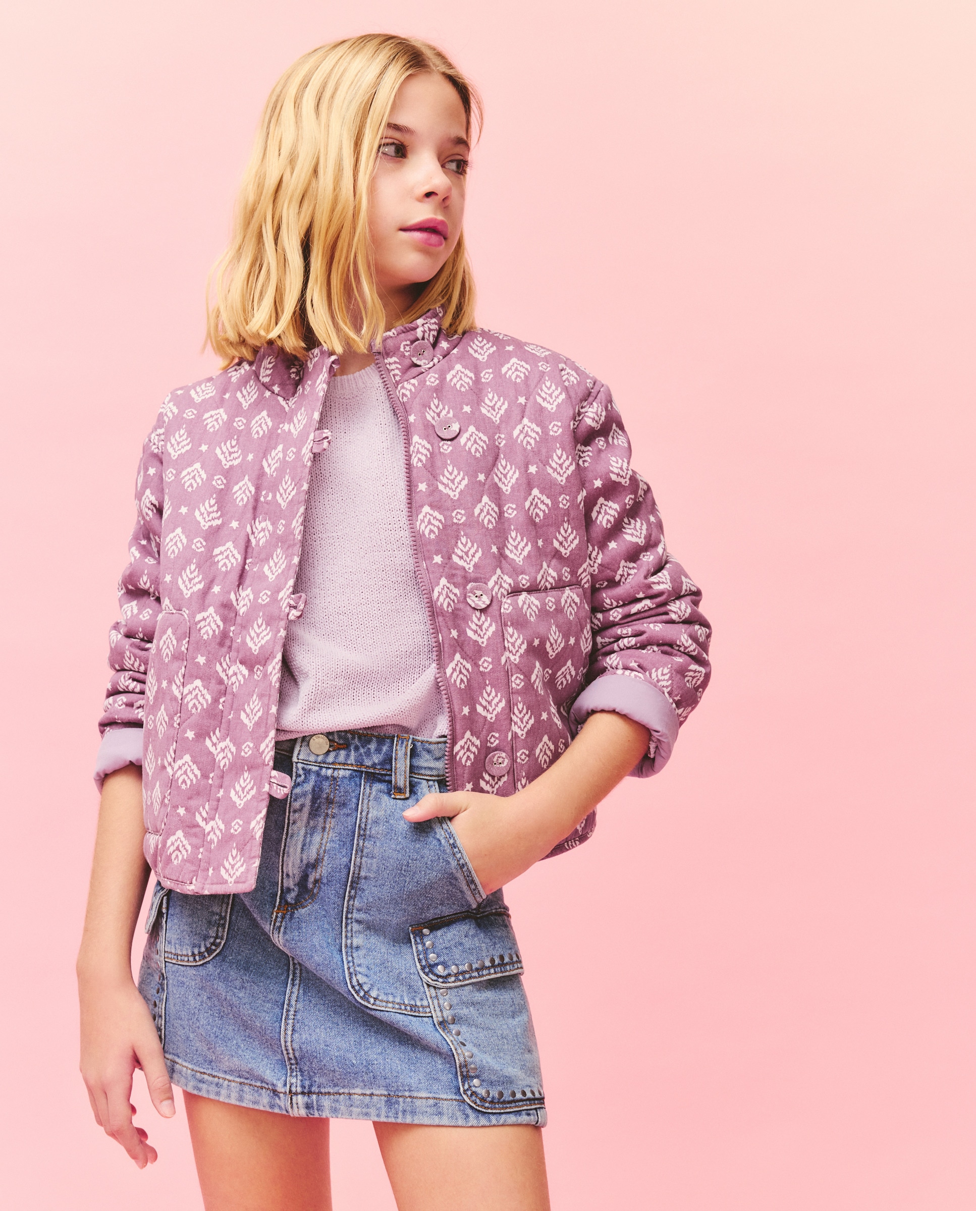 Casaco Acolchoado Quilted aos Losangos Estampado Rosa-2