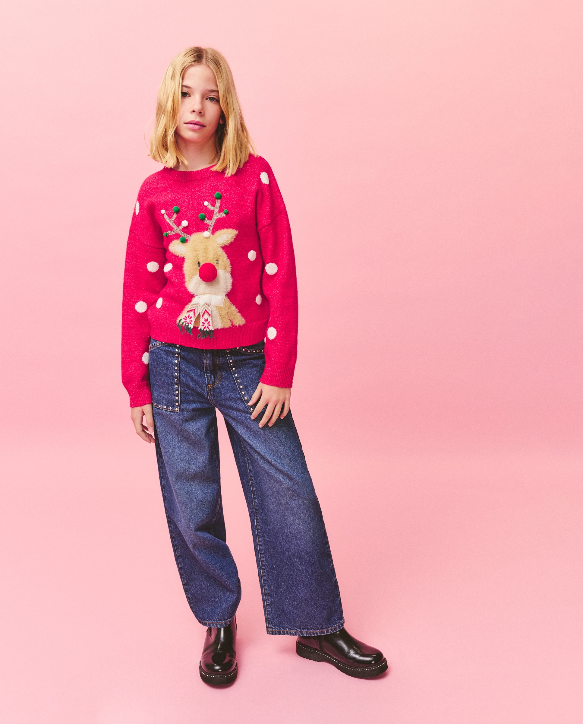 Camisola de Malha com Decote Redondo e Motivo Natalício Vermelho-2