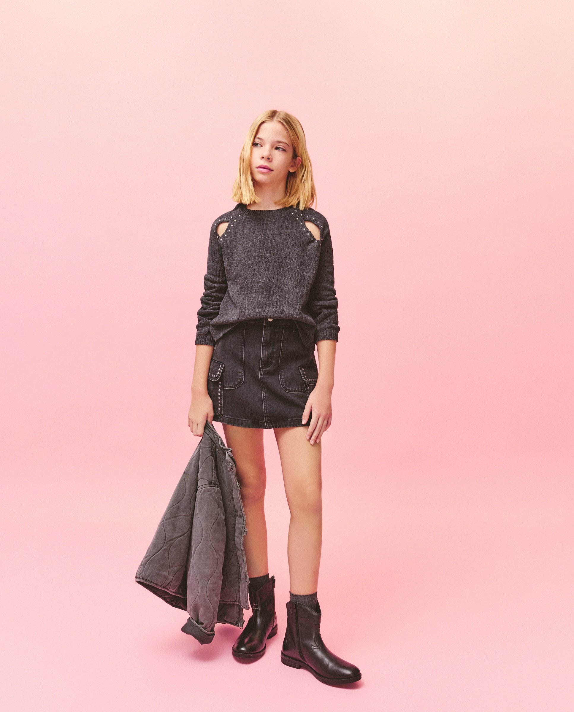 Camisola de Malha Chenille com Abertura no Ombro e Detalhe de Tachas Kids El Corte Inglés Chumbo-2