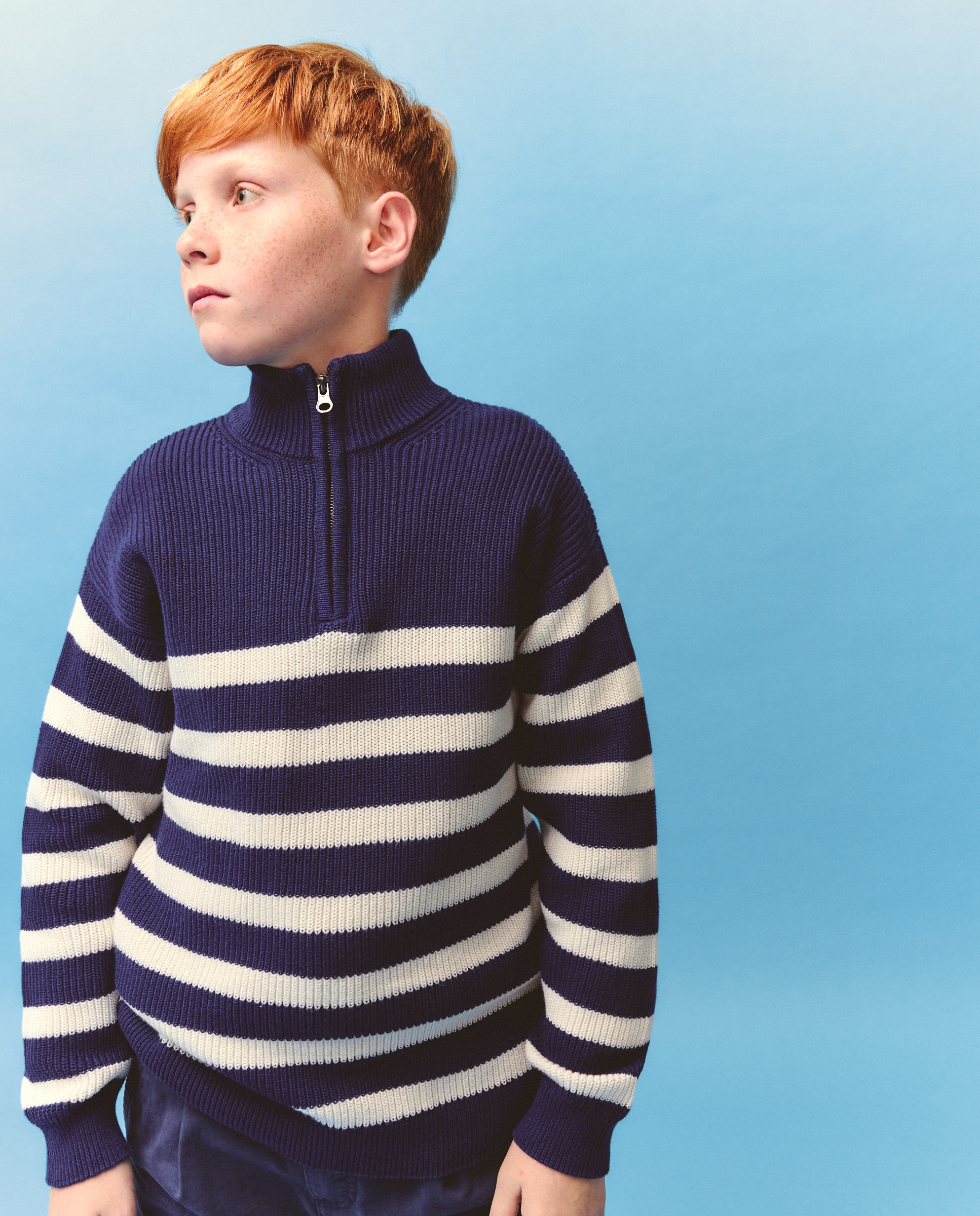 Camisola de Malha com Risca e Fecho de Correr Azul-1