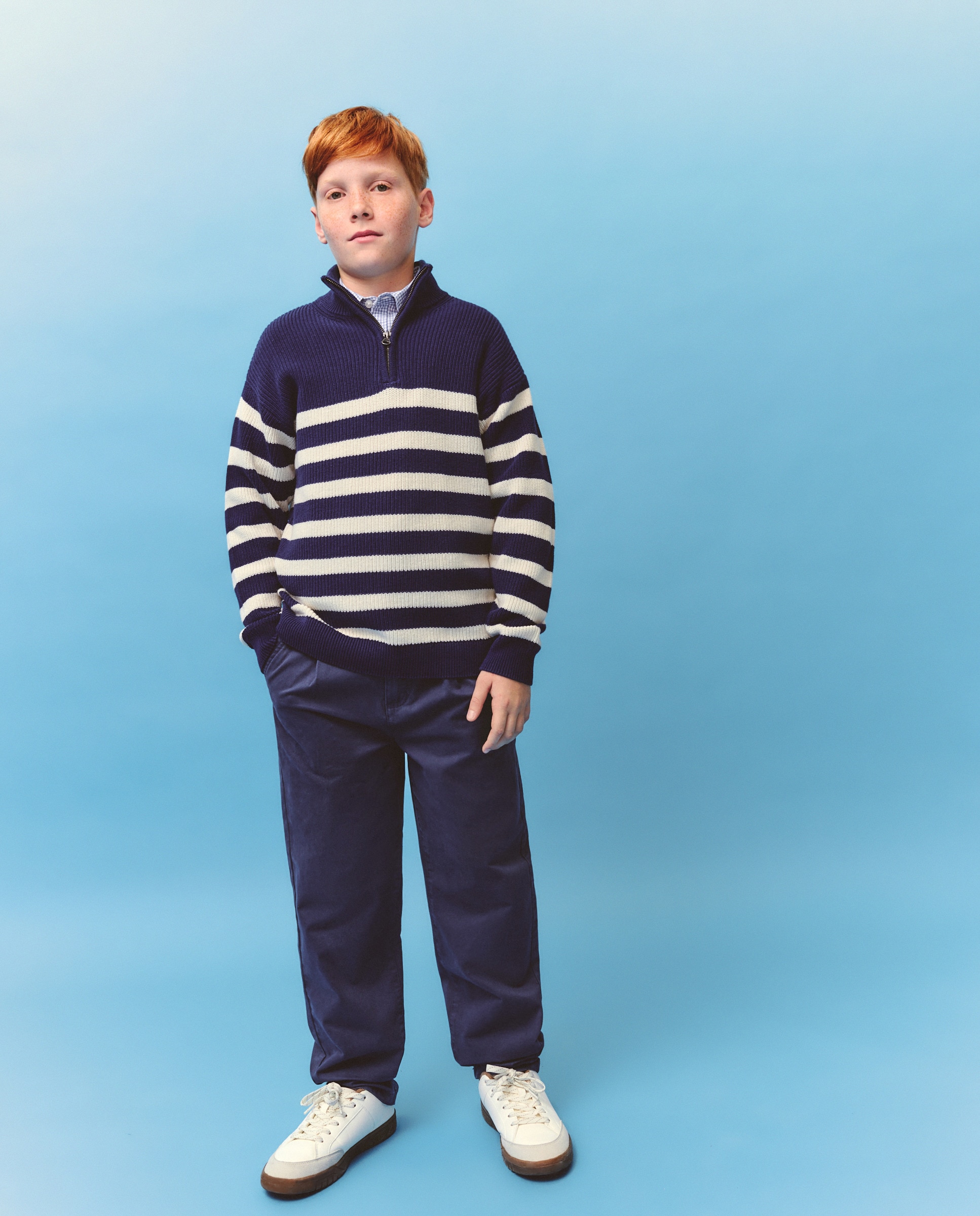 Camisola de Malha com Risca e Fecho de Correr Azul-2