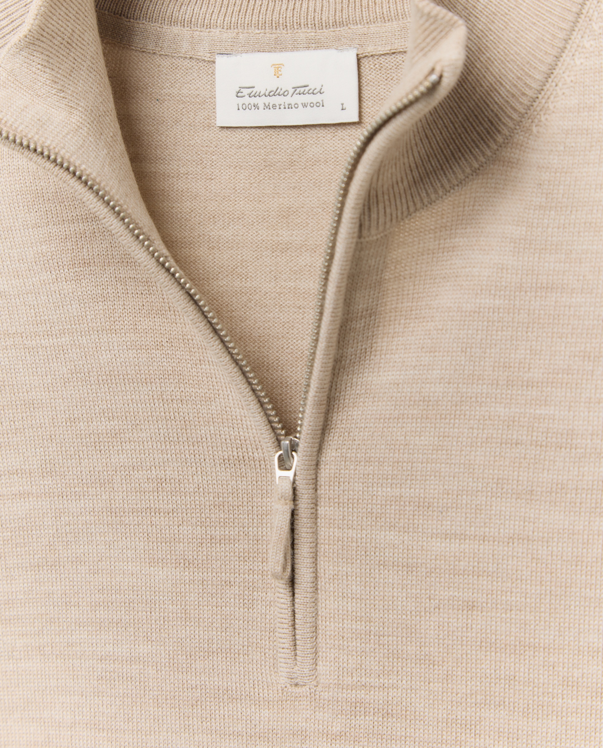 Camisola de Malha Lisa 100% Lã Merino com Gola Semi Cisne e Fecho de Correr Bege-5