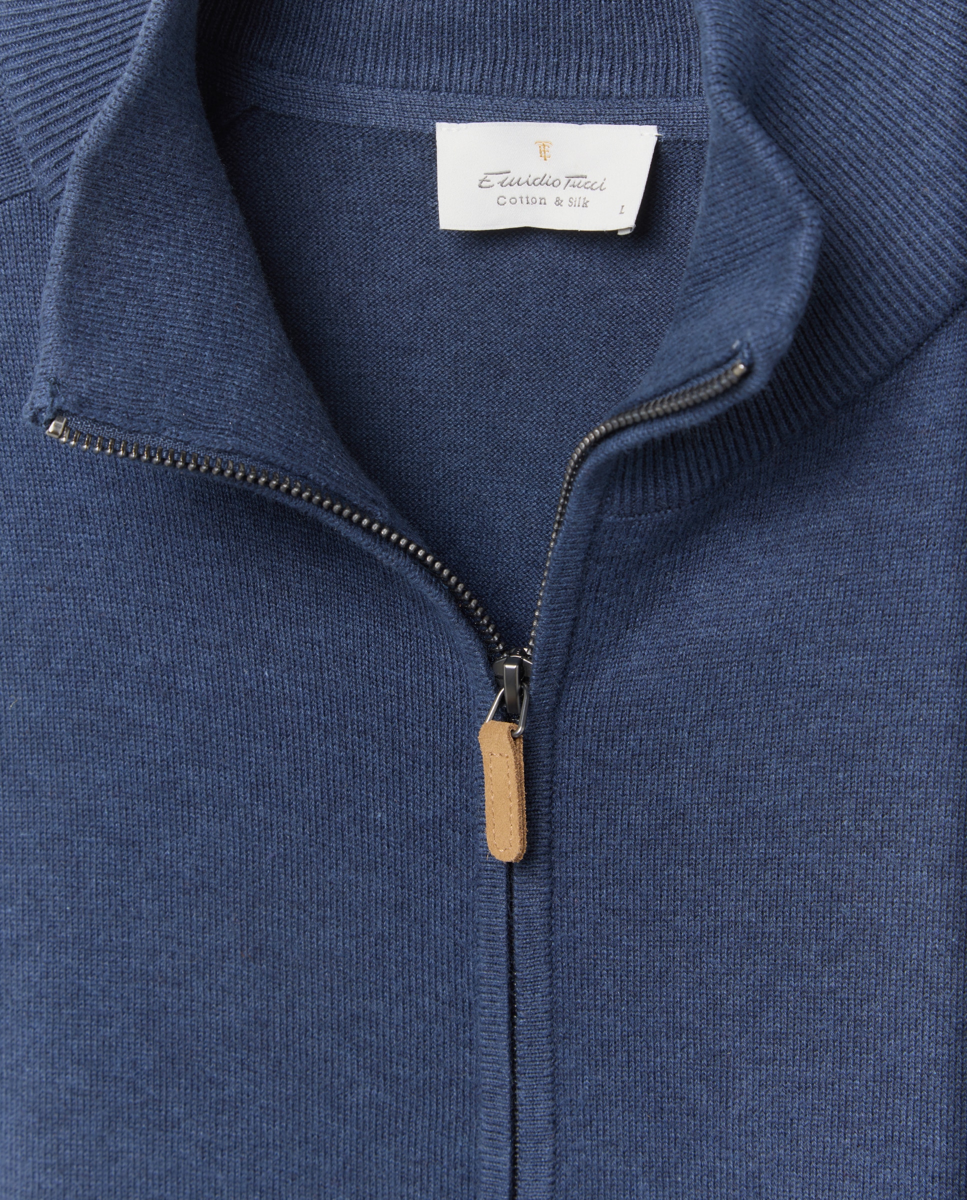 Cardigan Liso de Algodão e Seda com Gola Semicisne e Fecho de Correr Azul-5