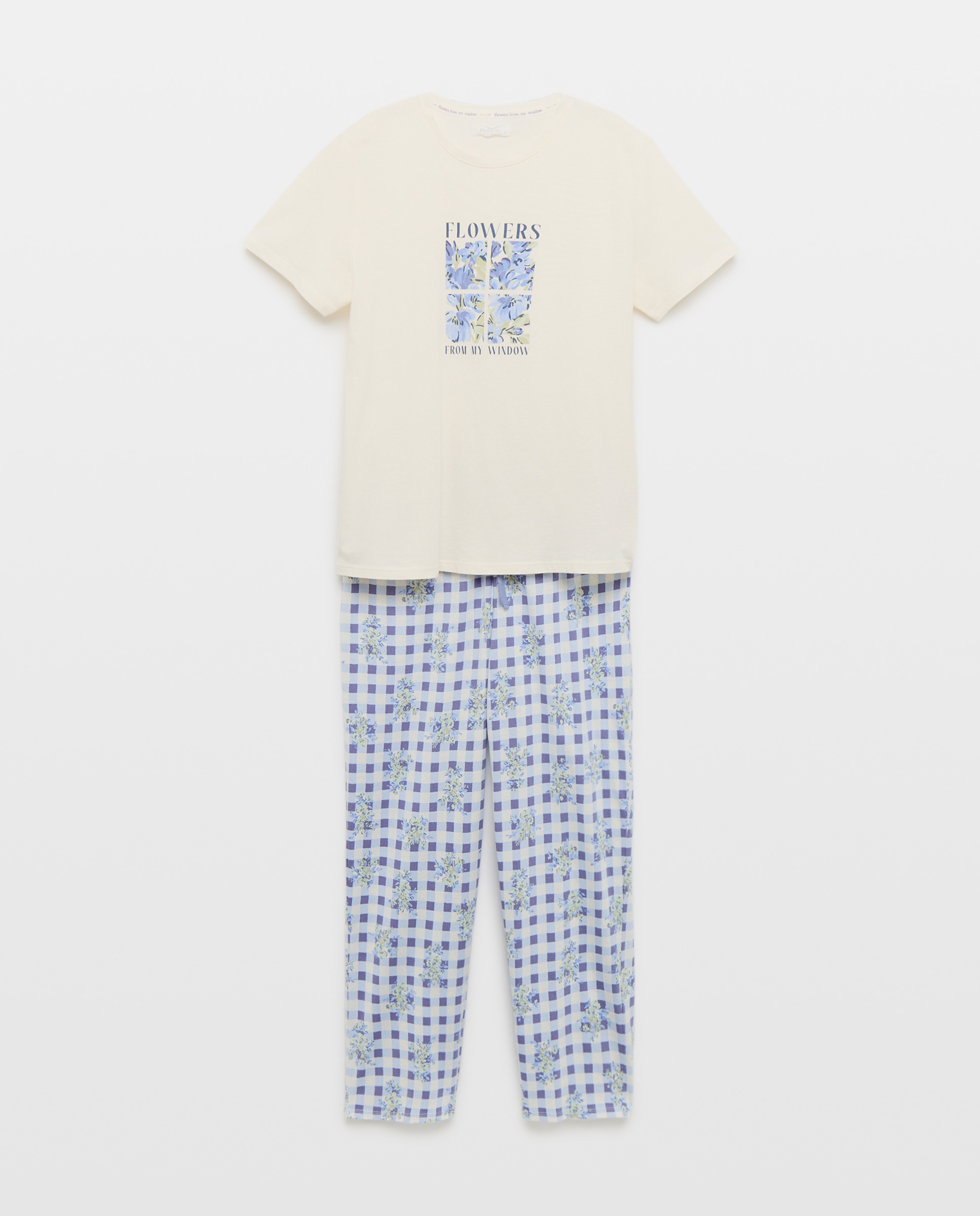 Pijama Tipo Top com Estampado Posicional e Calças Vichy com Estampado Floral Azul-3