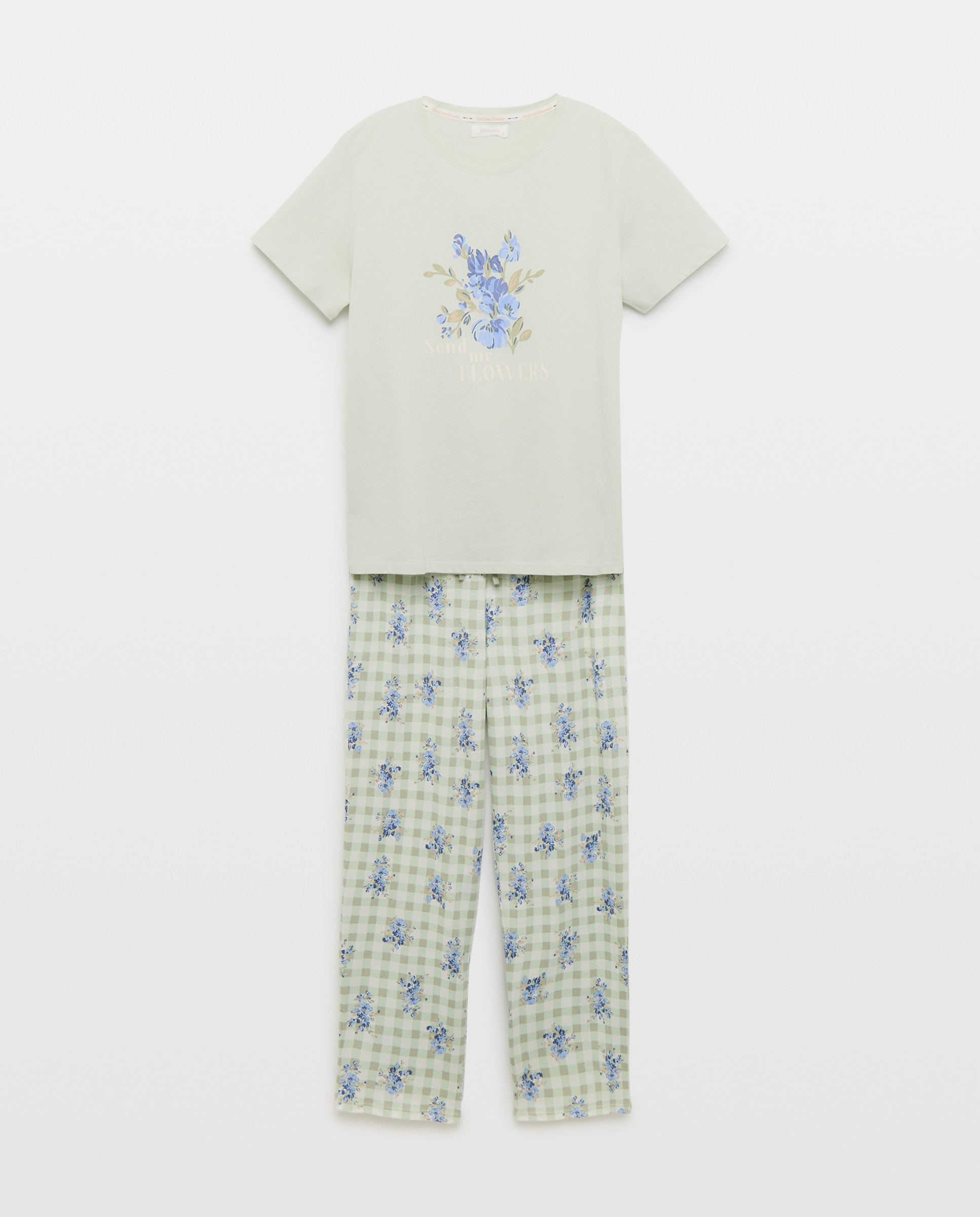 Pijama Tipo Top com Estampado Posicional e Calças Vichy com Estampado Floral Verde-3