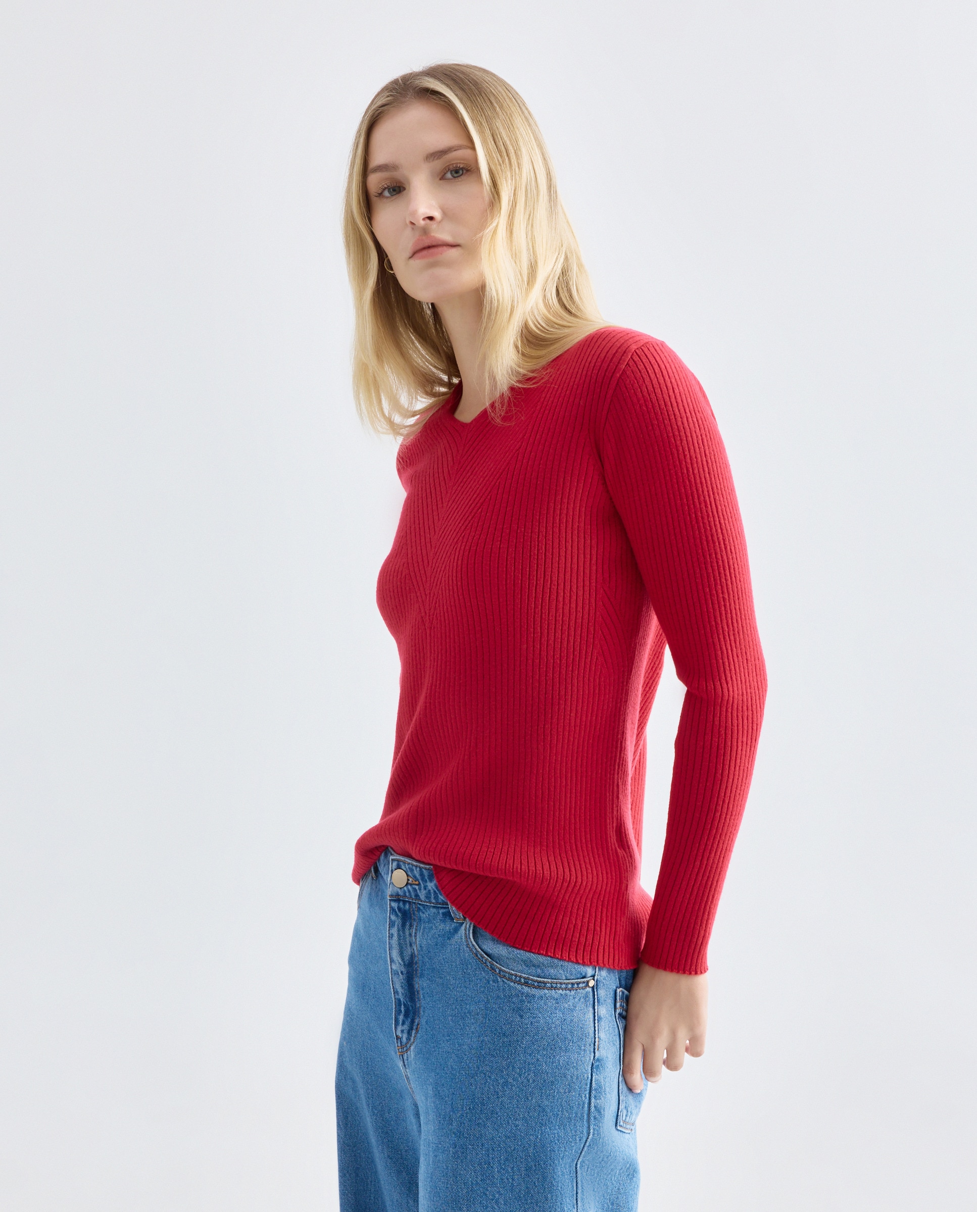 Camisola de malha lisa com manga comprida Vermelho-1