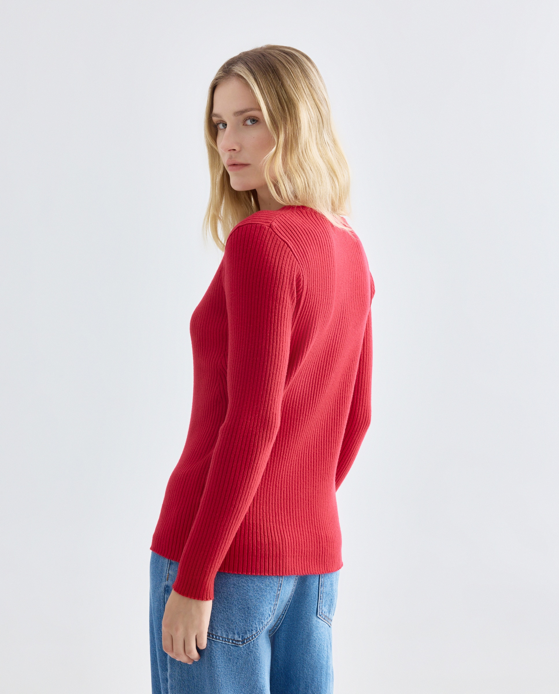 Camisola de malha lisa com manga comprida Vermelho-3