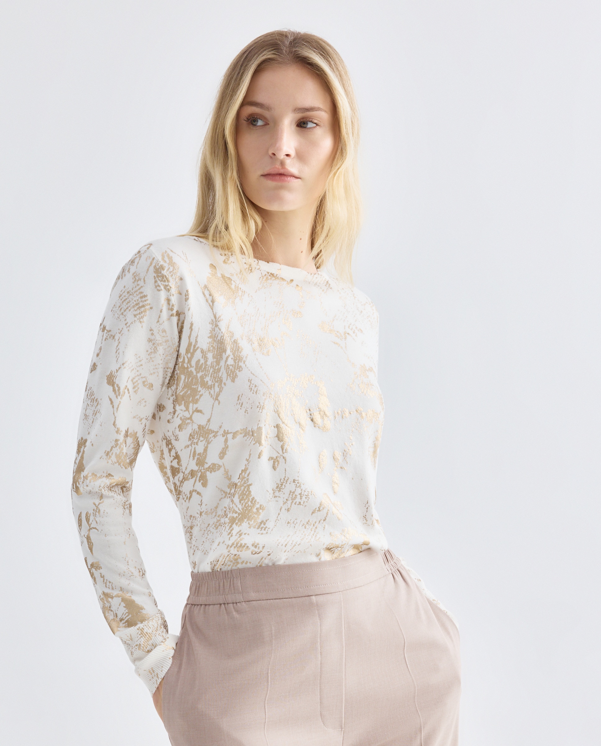 Camisola de malha lisa com manga comprida Natural-1