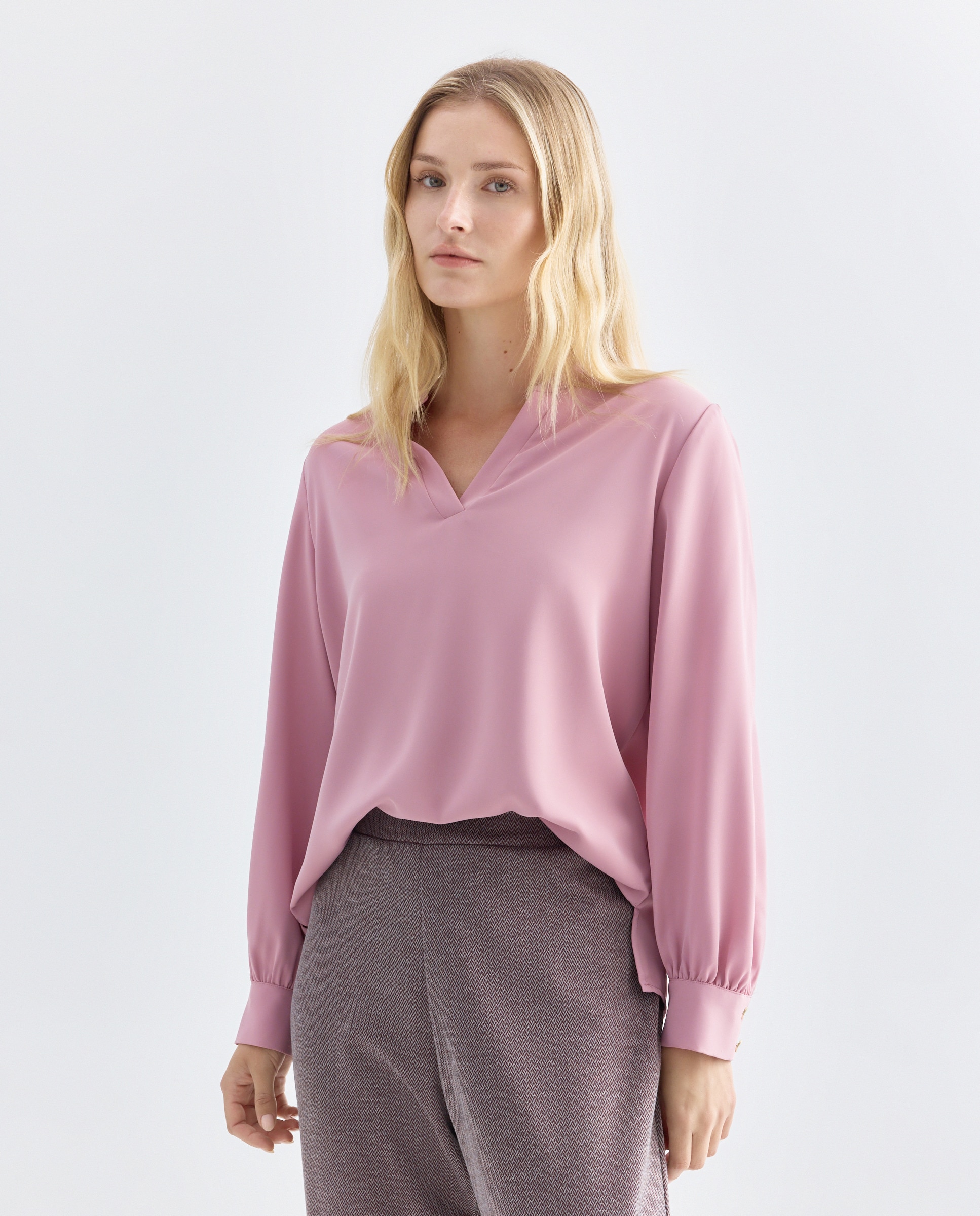 Blusa lisa de mulher com manga comprida Rosa-1