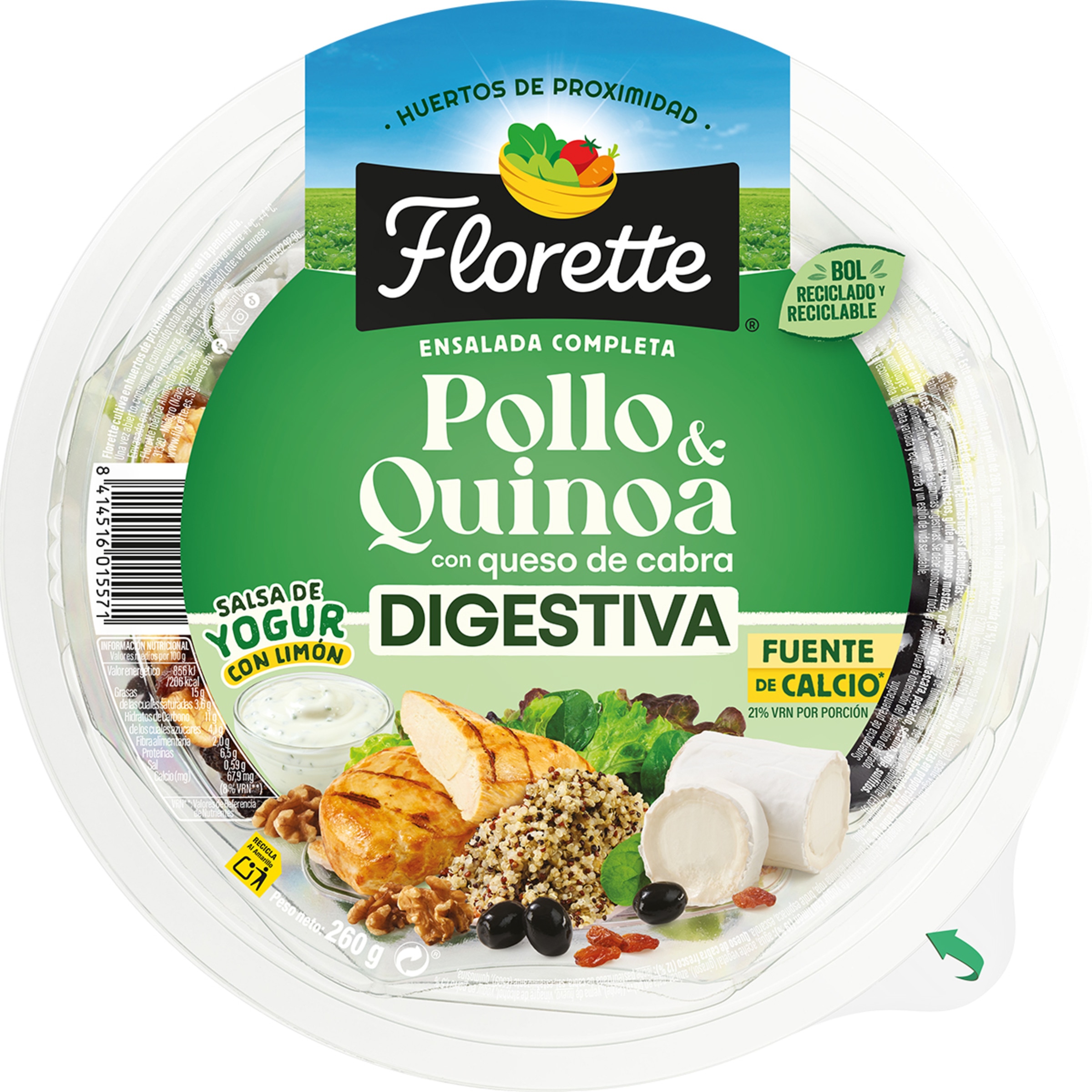 ensalada Completa Digestiva con pollo & quinoa, queso de cabra y salsa yogur con limón bol 260 g