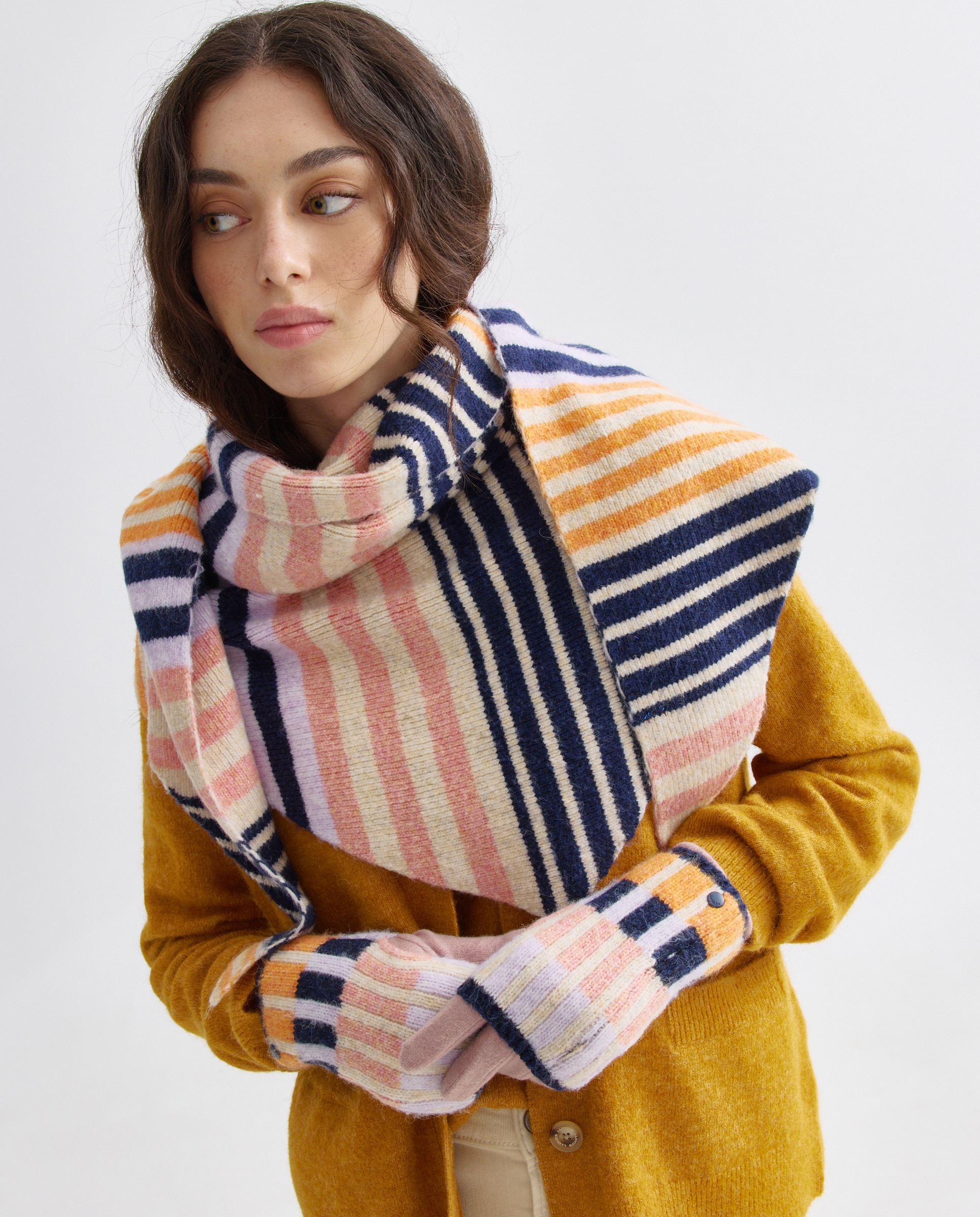 Conjunto de Cachecol em Bico e Luvas às Riscas - Multicolor Roxo-5