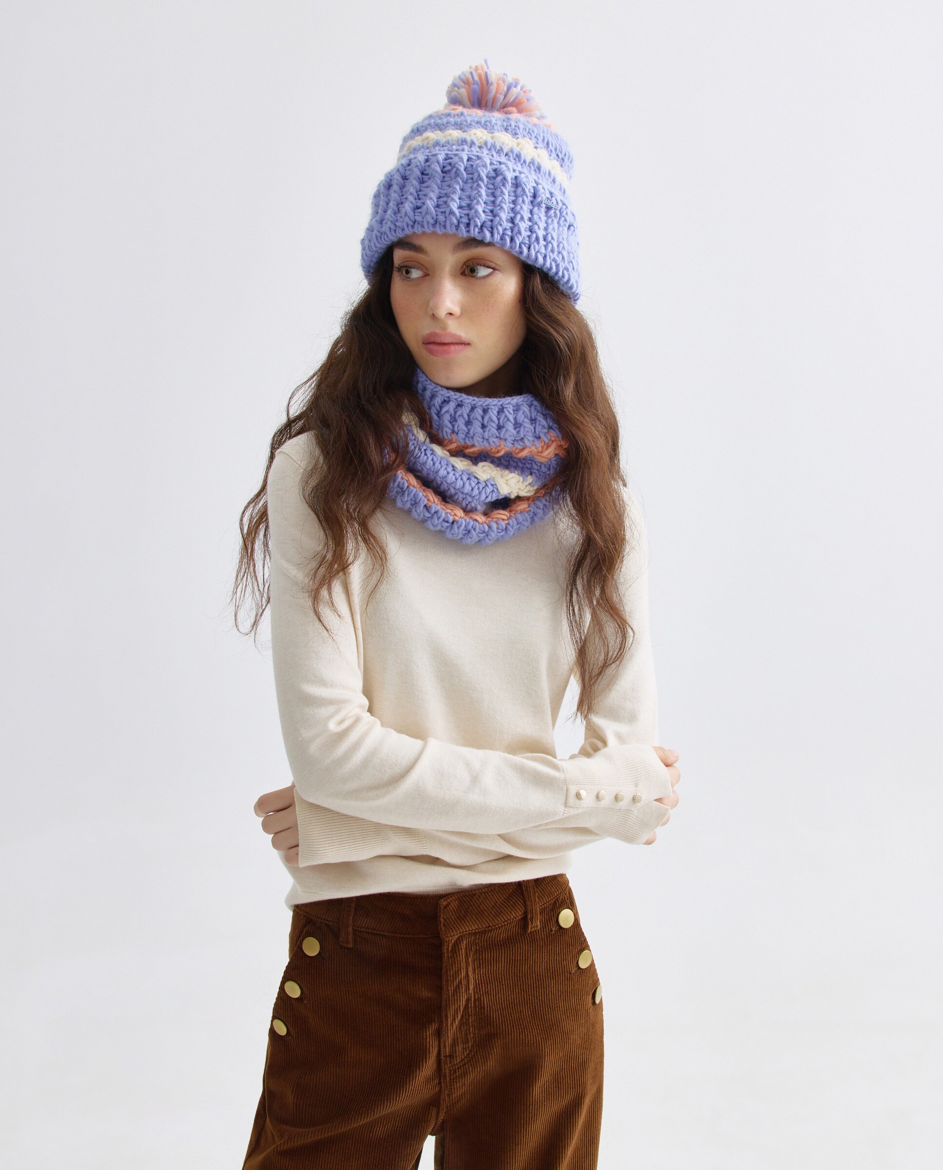 Conjunto de Gorro com Pompom e Gola Entrançada em Contraste Roxo-6