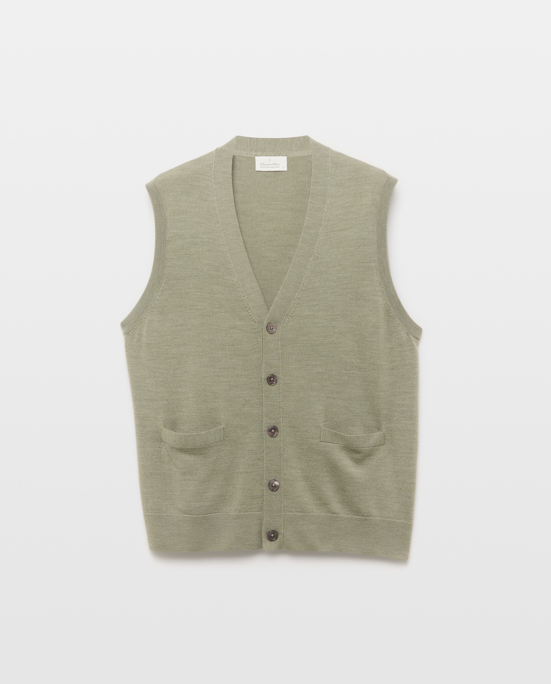 Colete Aberto Liso 100% Lã Merino com Botões Verde-claro-4