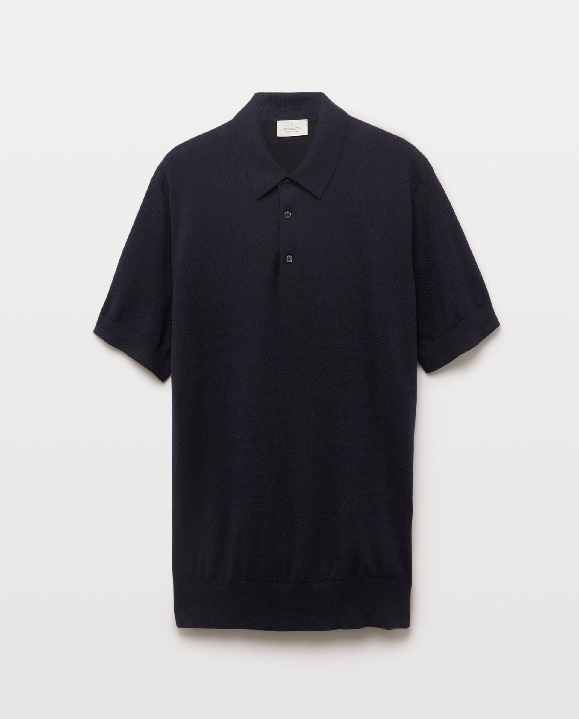Camisola de Malha Lisa de Algodão e Linho com Colarinho de Polo e Manga Curta Azul-marinho-5