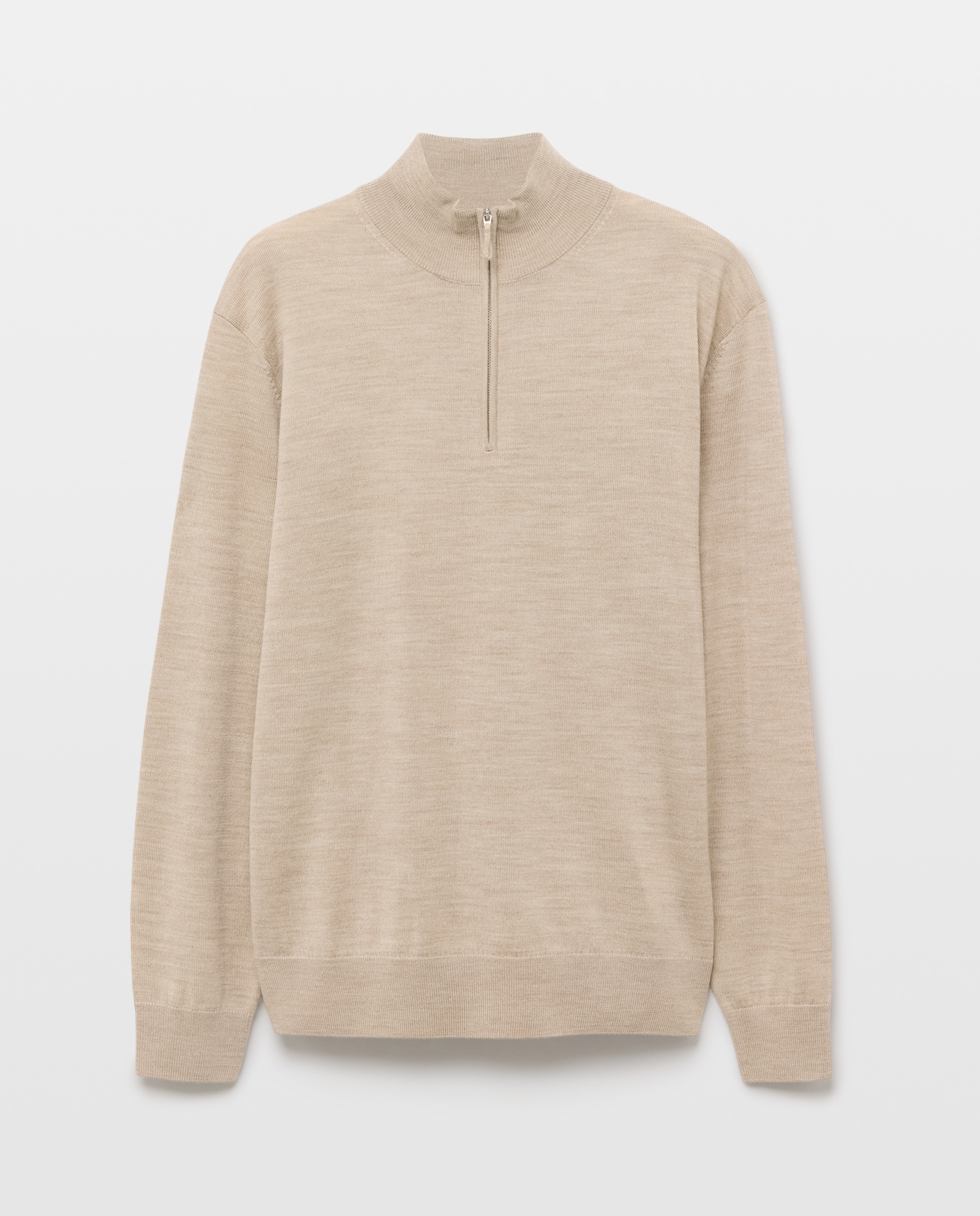 Camisola de Malha Lisa 100% Lã Merino com Gola Semi Cisne e Fecho de Correr Bege-4