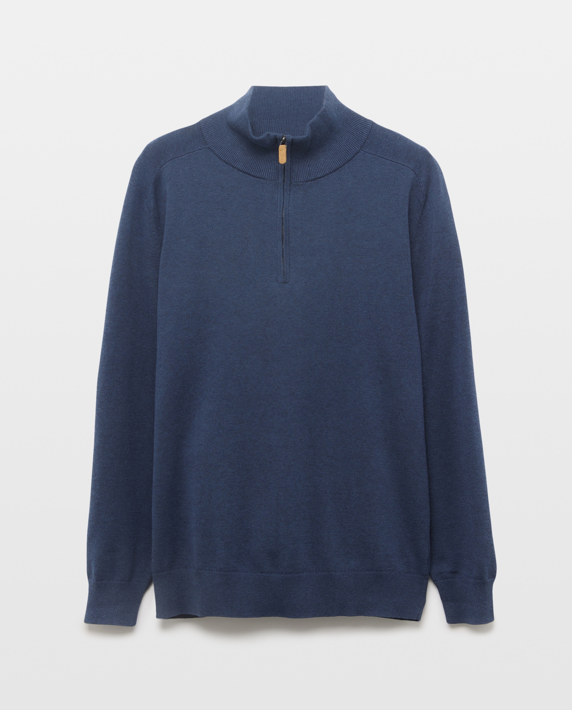 Camisola de Malha Lisa de Algodão e Seda com Gola Semicisne e Fecho de Correr Azul-4