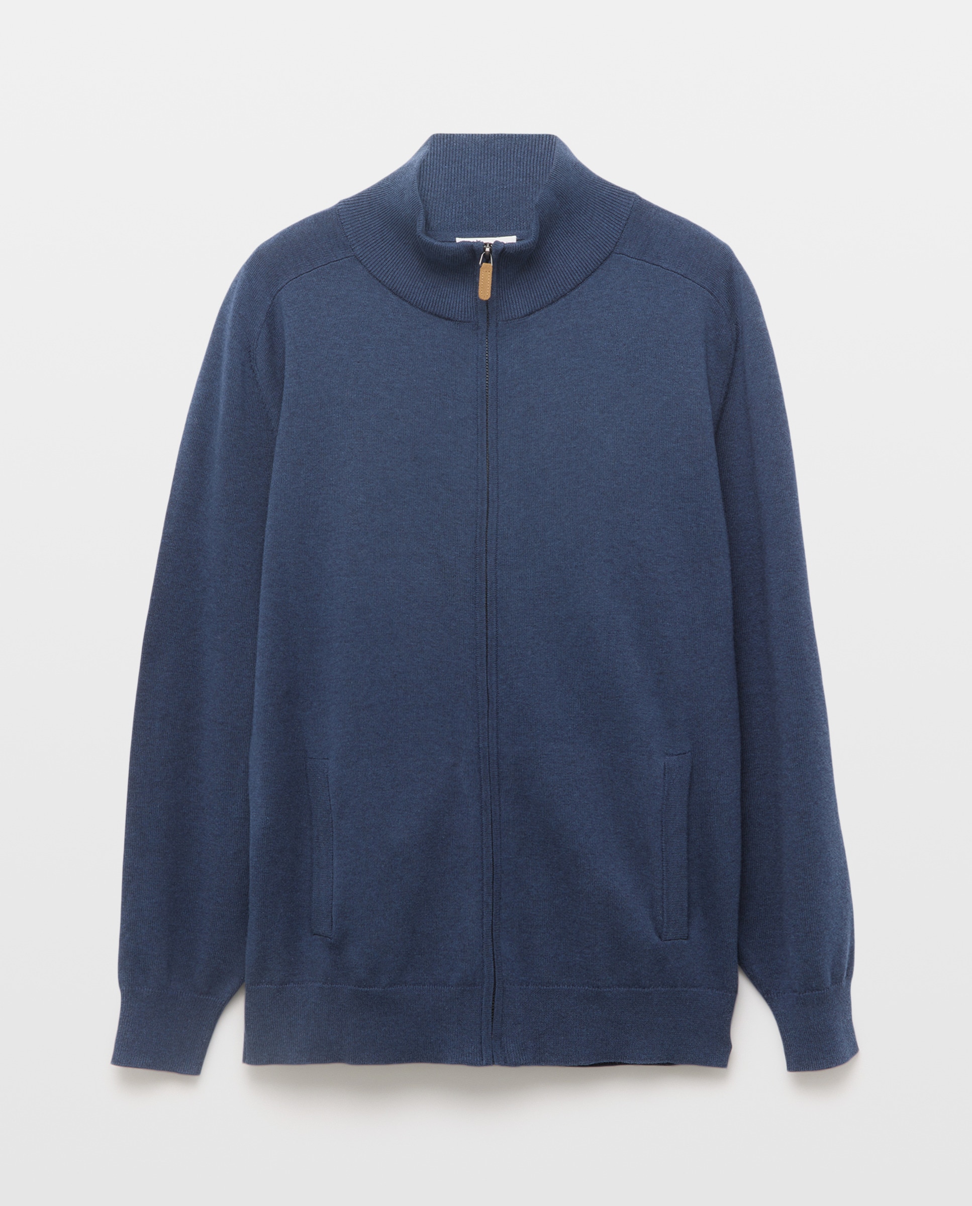 Cardigan Liso de Algodão e Seda com Gola Semicisne e Fecho de Correr Azul-4