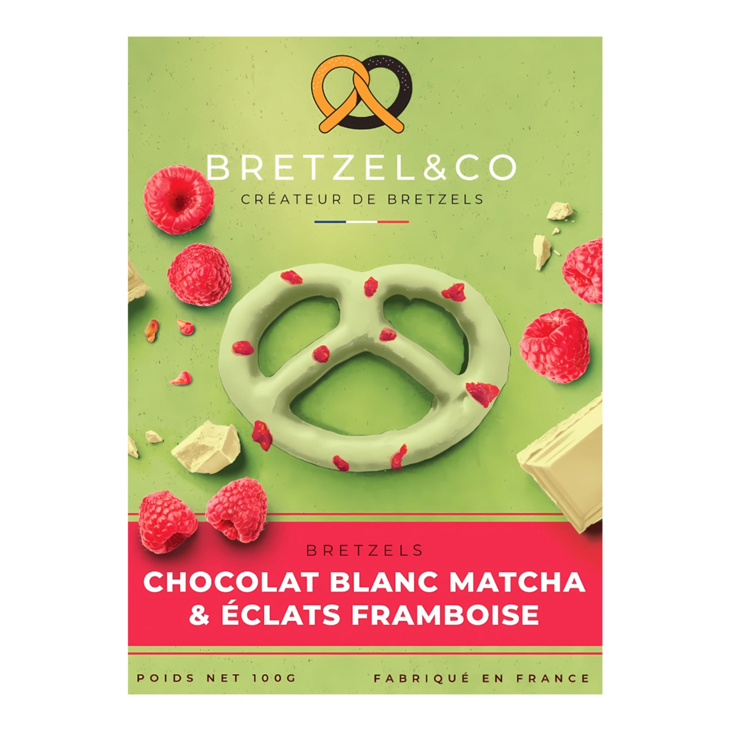 Pretzel de chocolate blanco con matcha y frambuesas Bretzel&Co 1