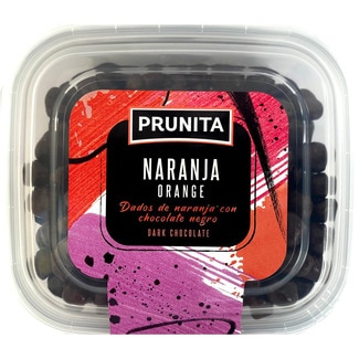 dados de naranja con chocolate negro tarrina 250 g - Prunita