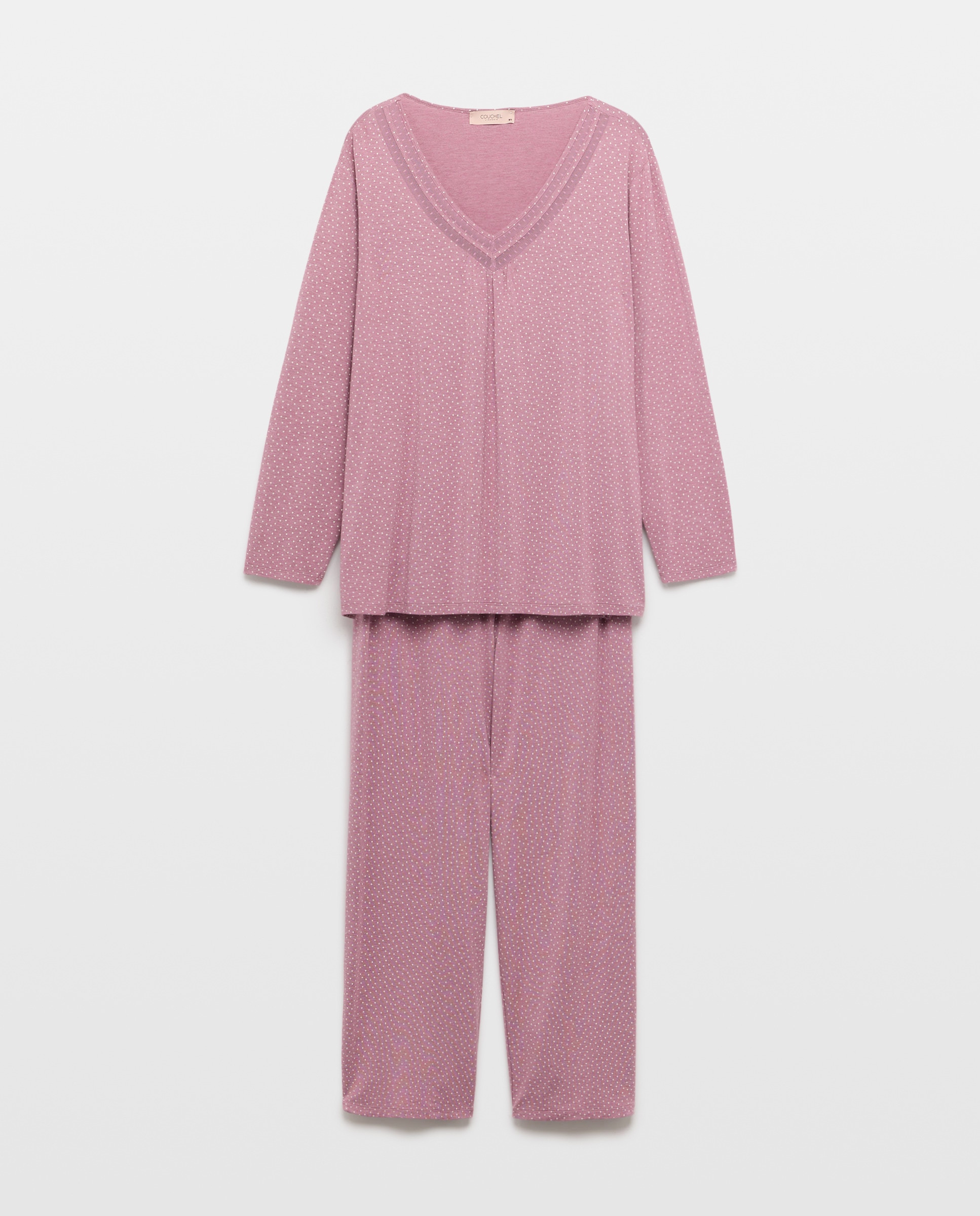 Pijama às Bolinhas com Decote em Bico Rosa-1